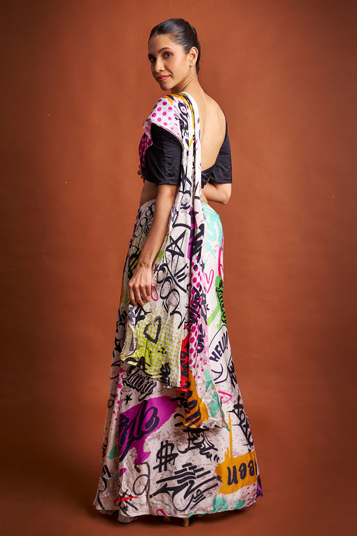 Multi Graffiti Print Saree Set