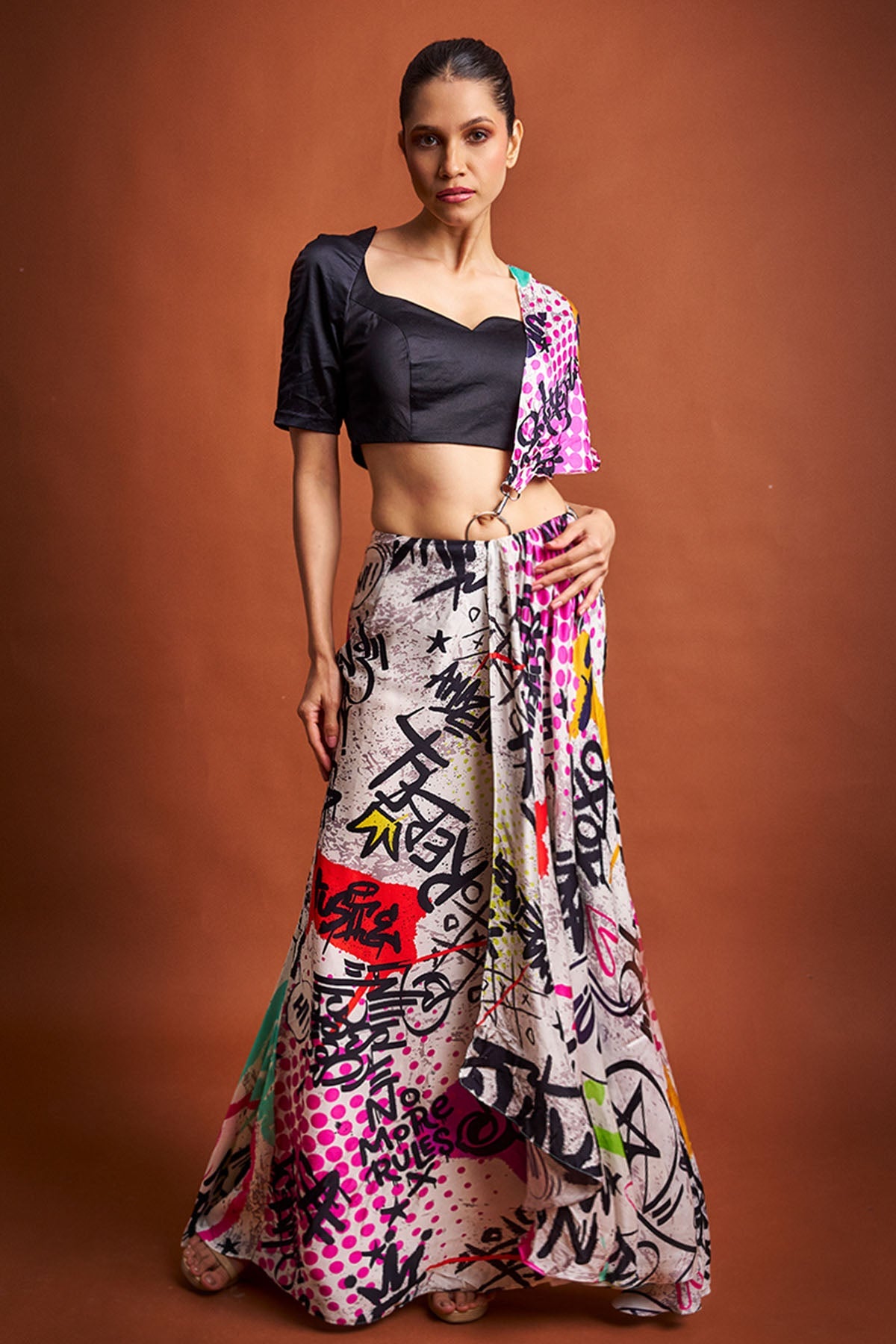 Buy Multi Graffiti Print Saree Set for women by Ricka Gauba online available at scrollnshops