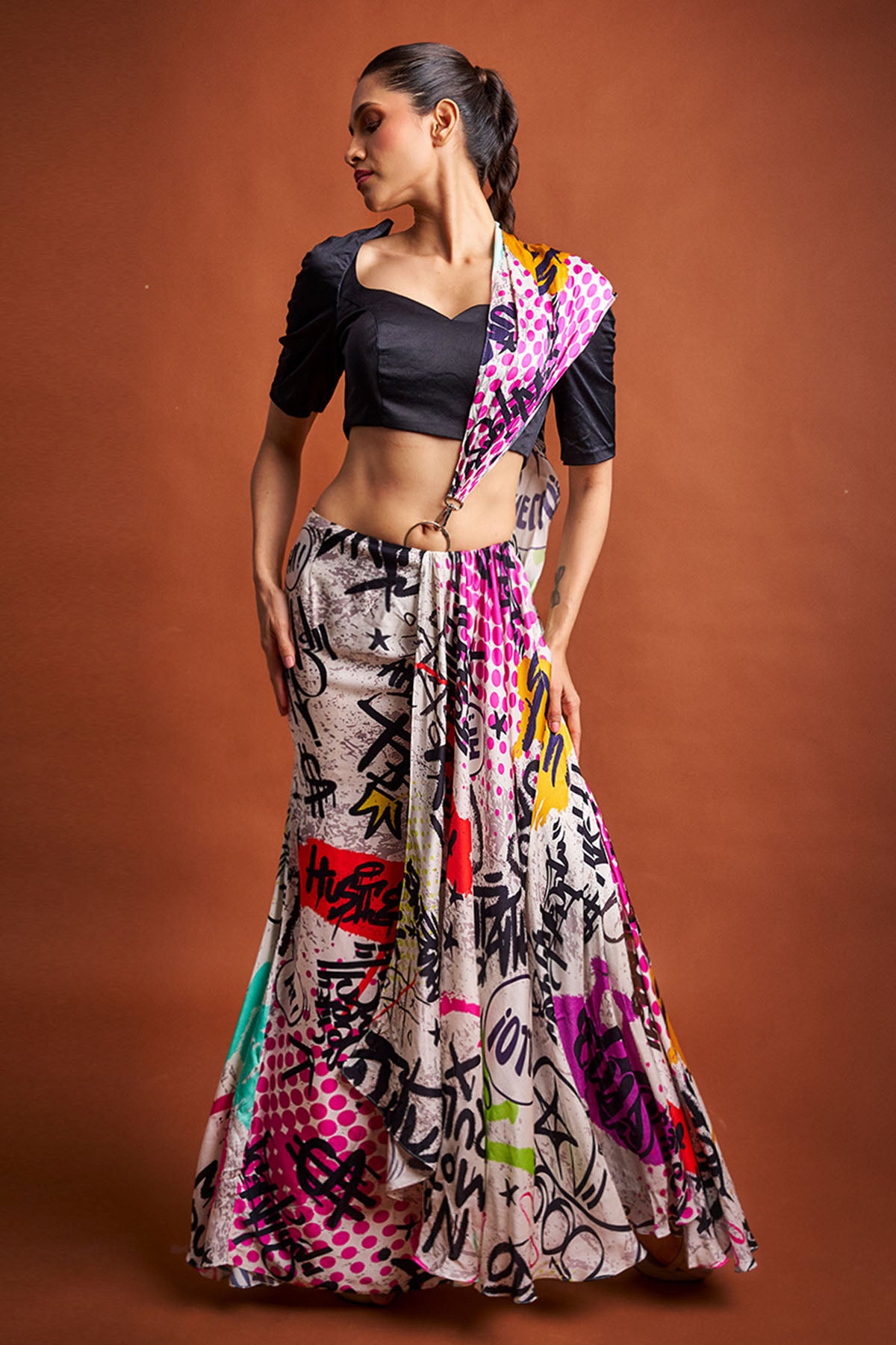 Multi Graffiti Print Saree Set