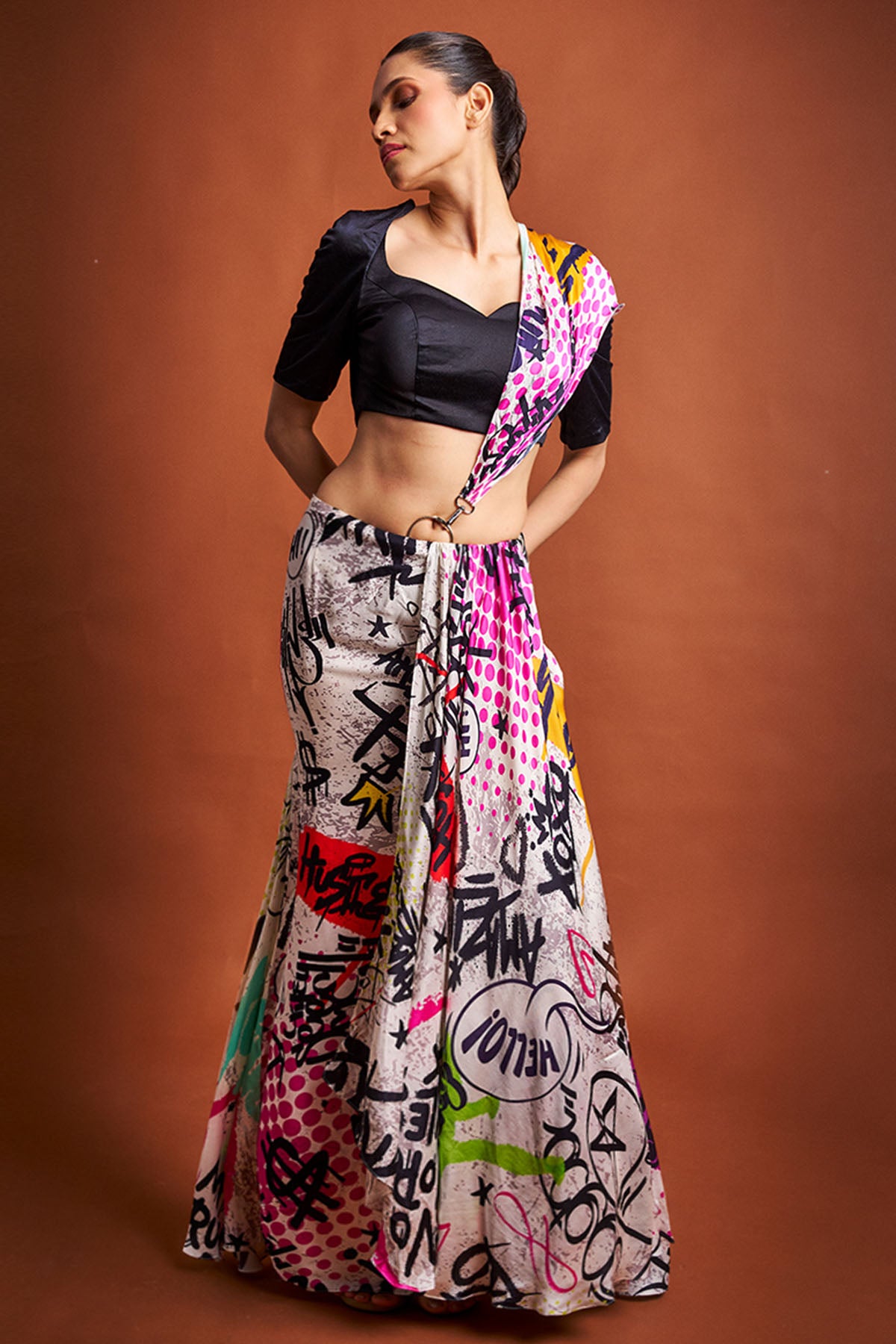 Multi Graffiti Print Saree Set