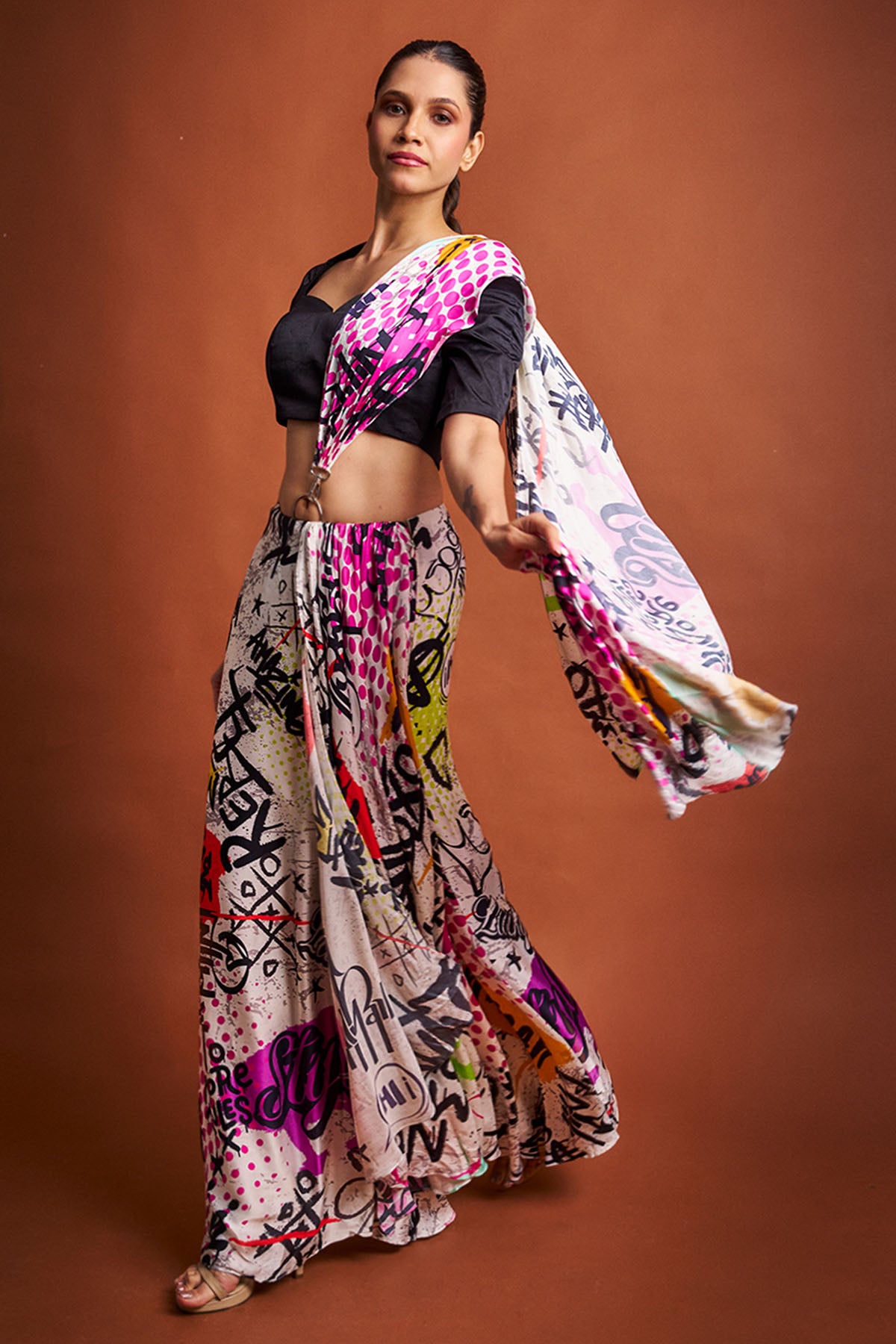 Multi Graffiti Print Saree Set