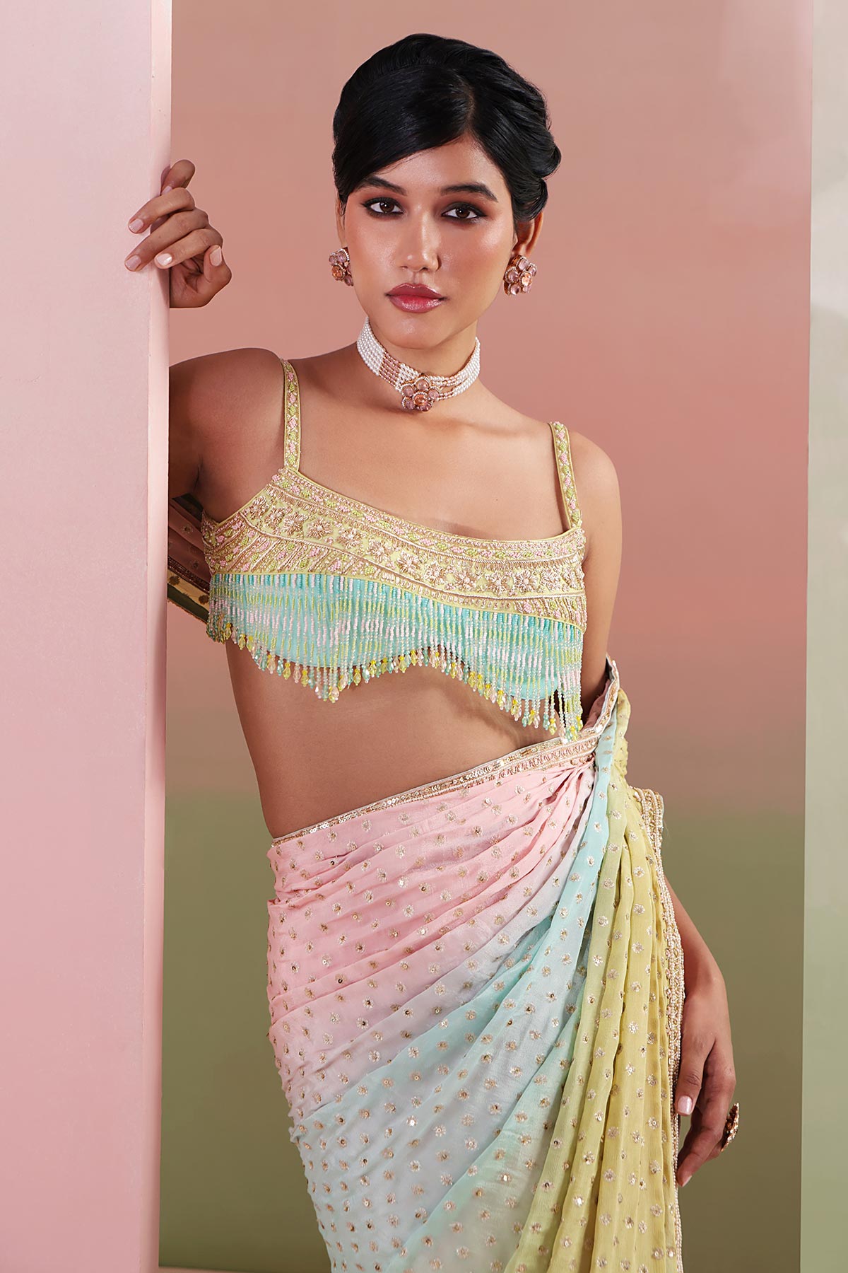 Multi Ombre Pre Drape Saree Set