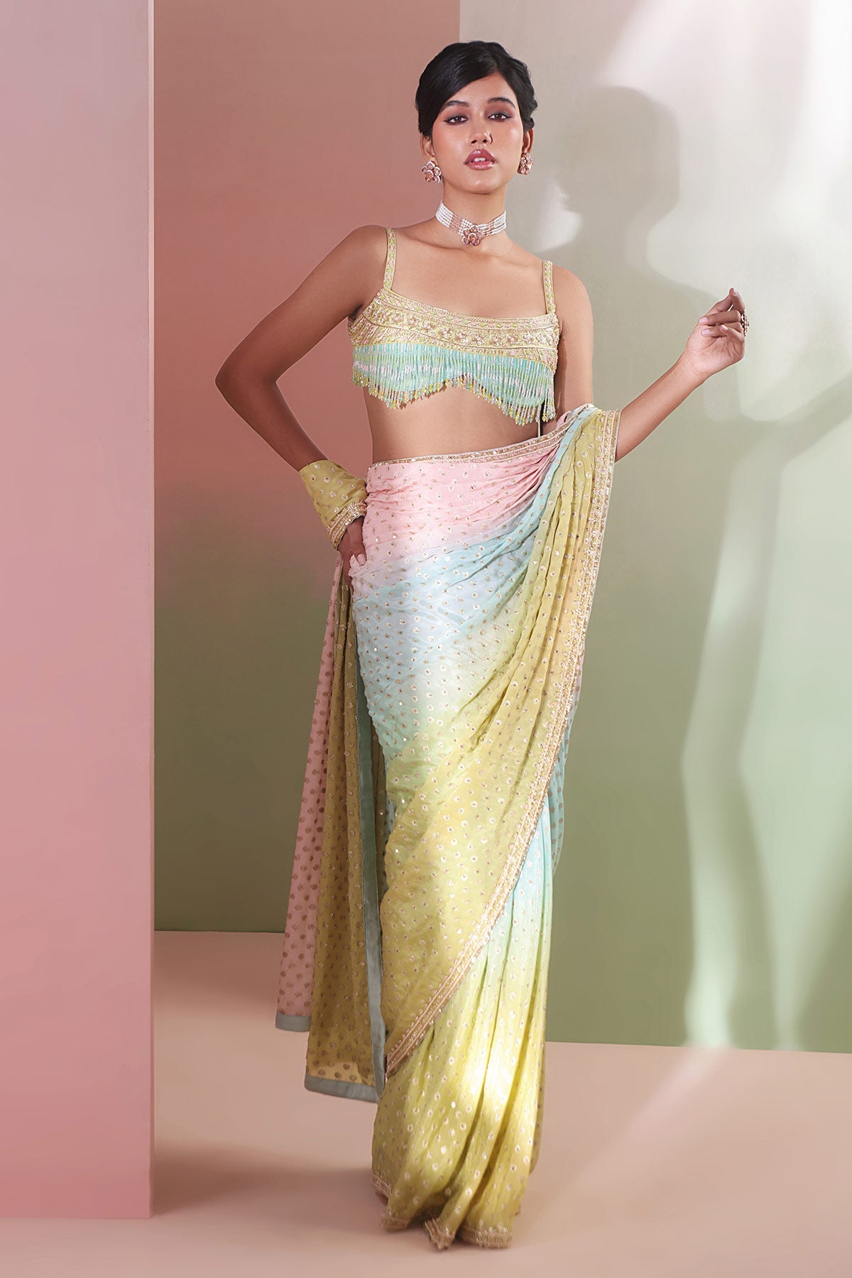 Buy Multi Ombre Pre Drape Saree Set Set for women by Priyanka Jain online available at scrollnshops