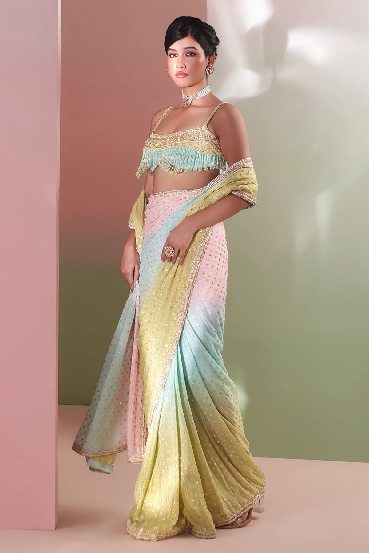 Multi Ombre Pre Drape Saree Set