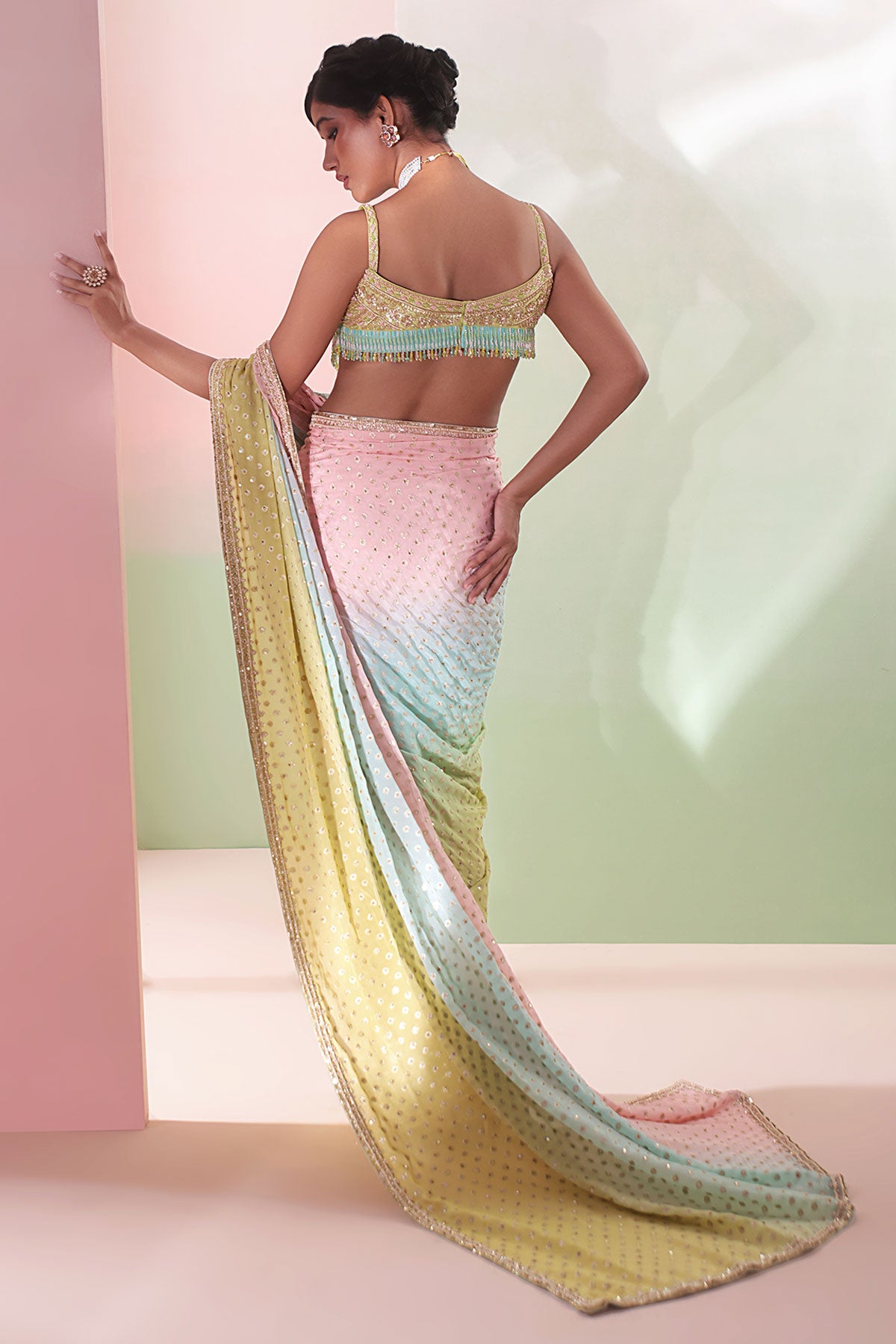 Multi Ombre Pre Drape Saree Set