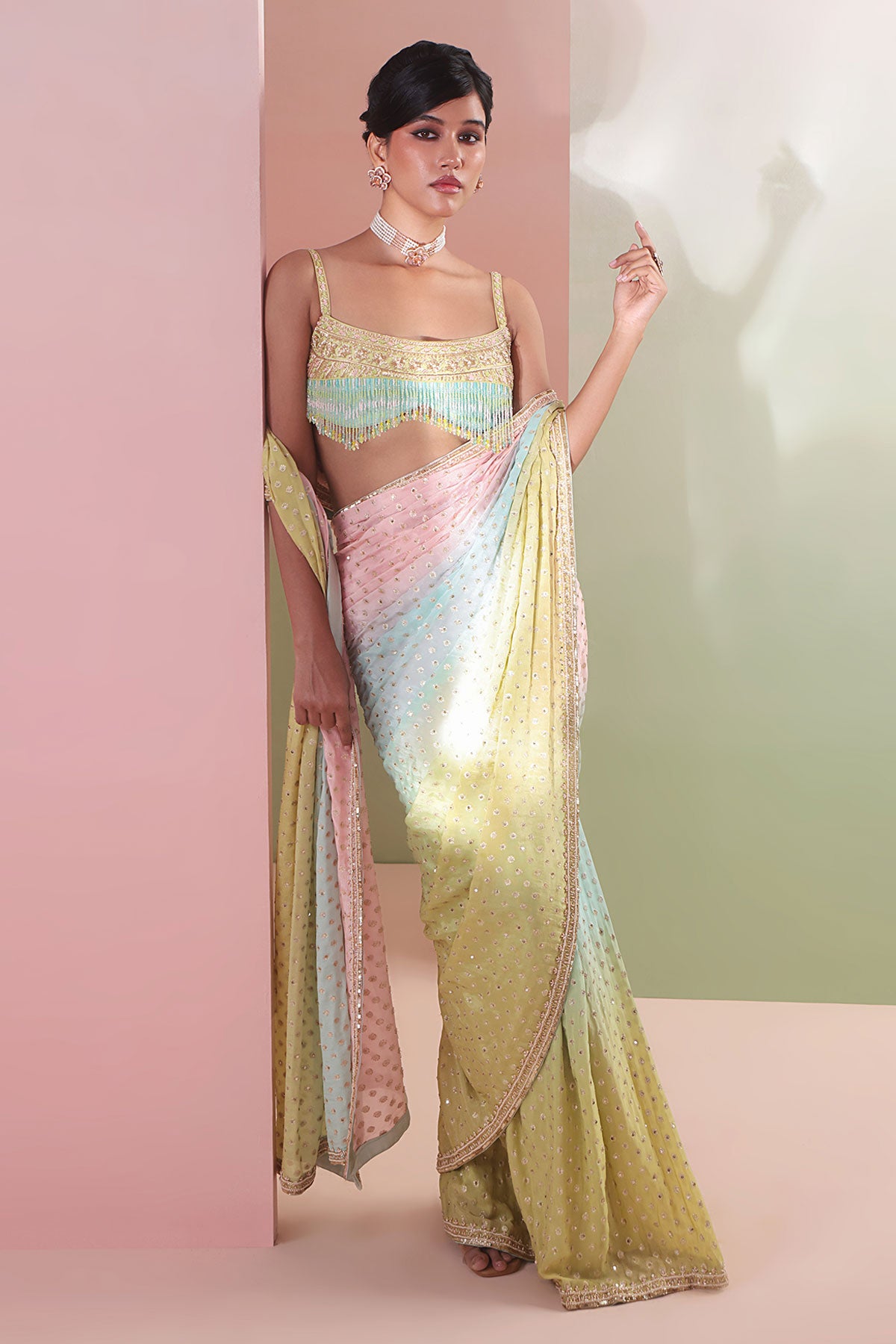 Multi Ombre Pre Drape Saree Set