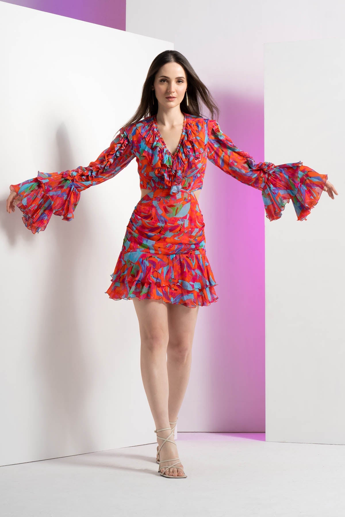 Buy Multi Printed Ruffle Neck Dress by Mandira Wirk