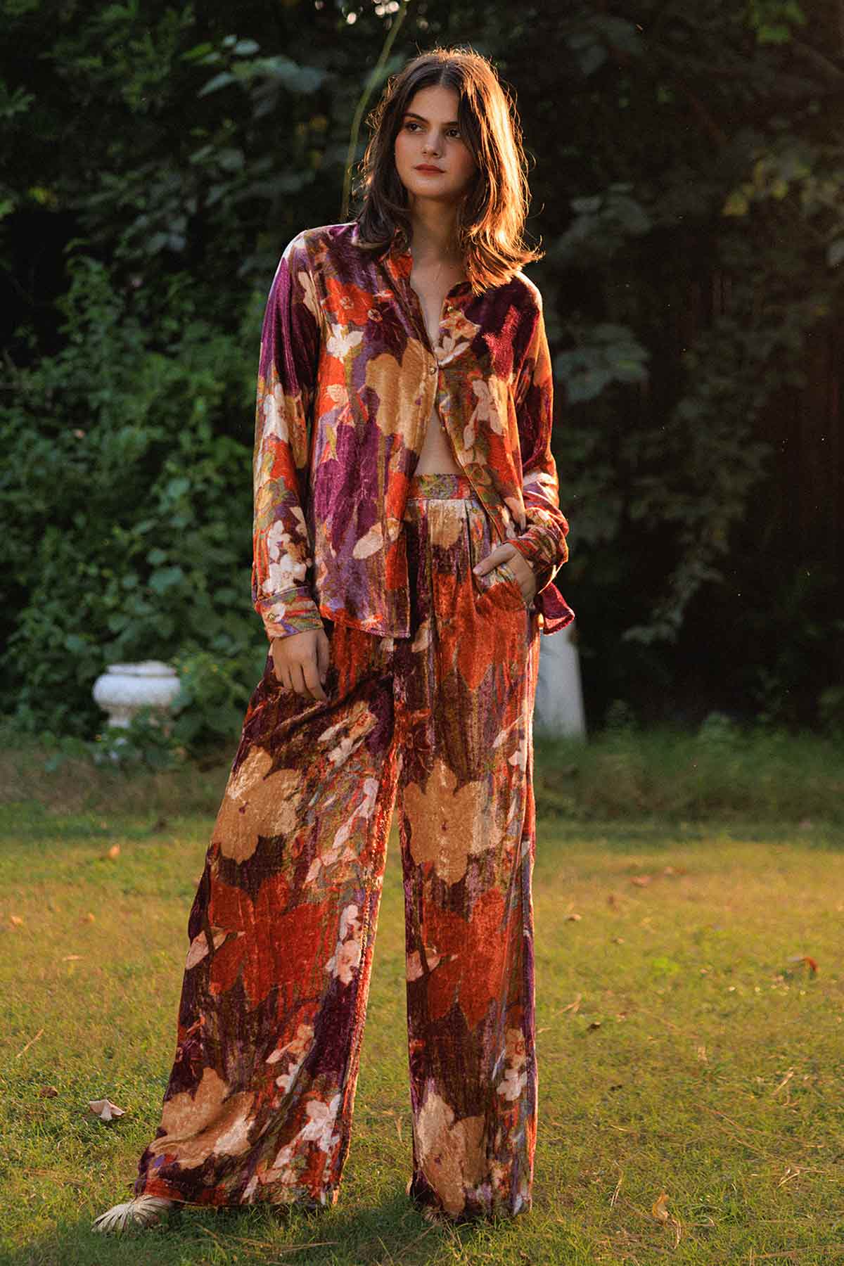Buy Multi Velvet Printed Co-ord Set for women by Reena Sharma online available at scrollnshops