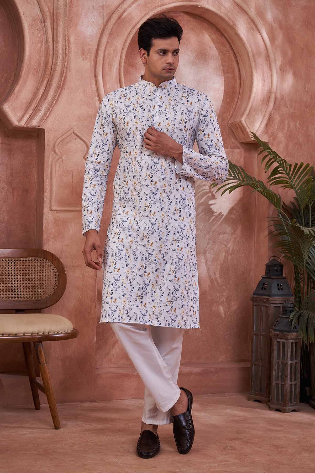 Buy Multi White 100% Cotton Kurta by SNEHA B - Men for online at ScrollnShops