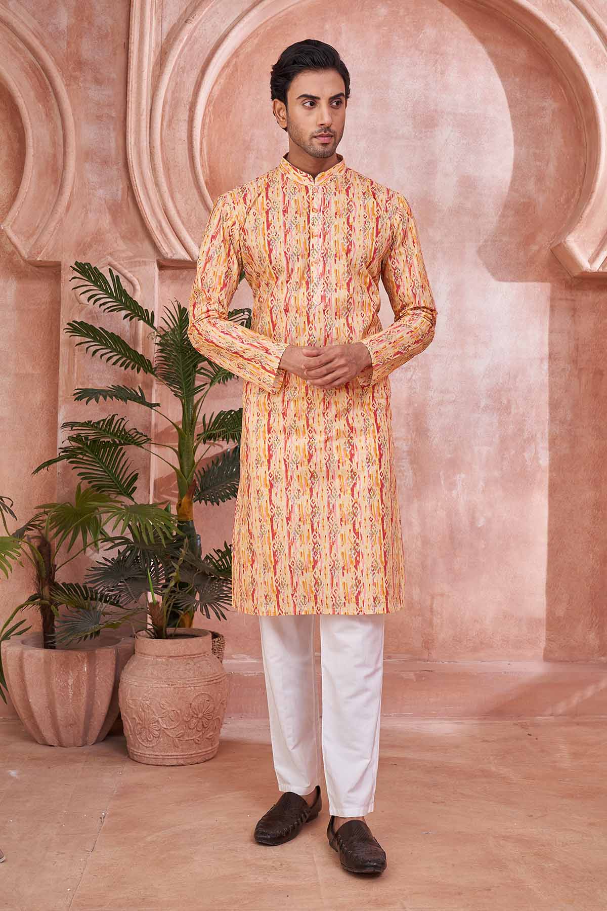 Buy Multi Yellow Print Cotton Kurta by SNEHA B - Men for online at ScrollnShops