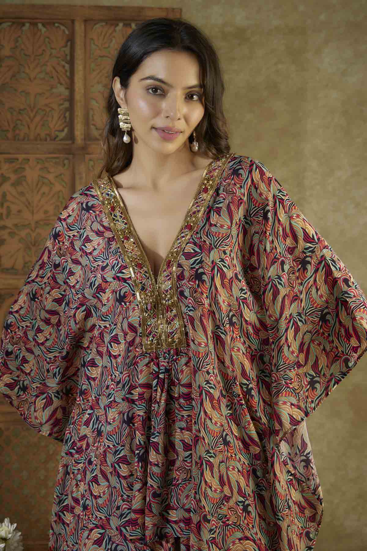 Multicolor Embroidered Kaftan Set