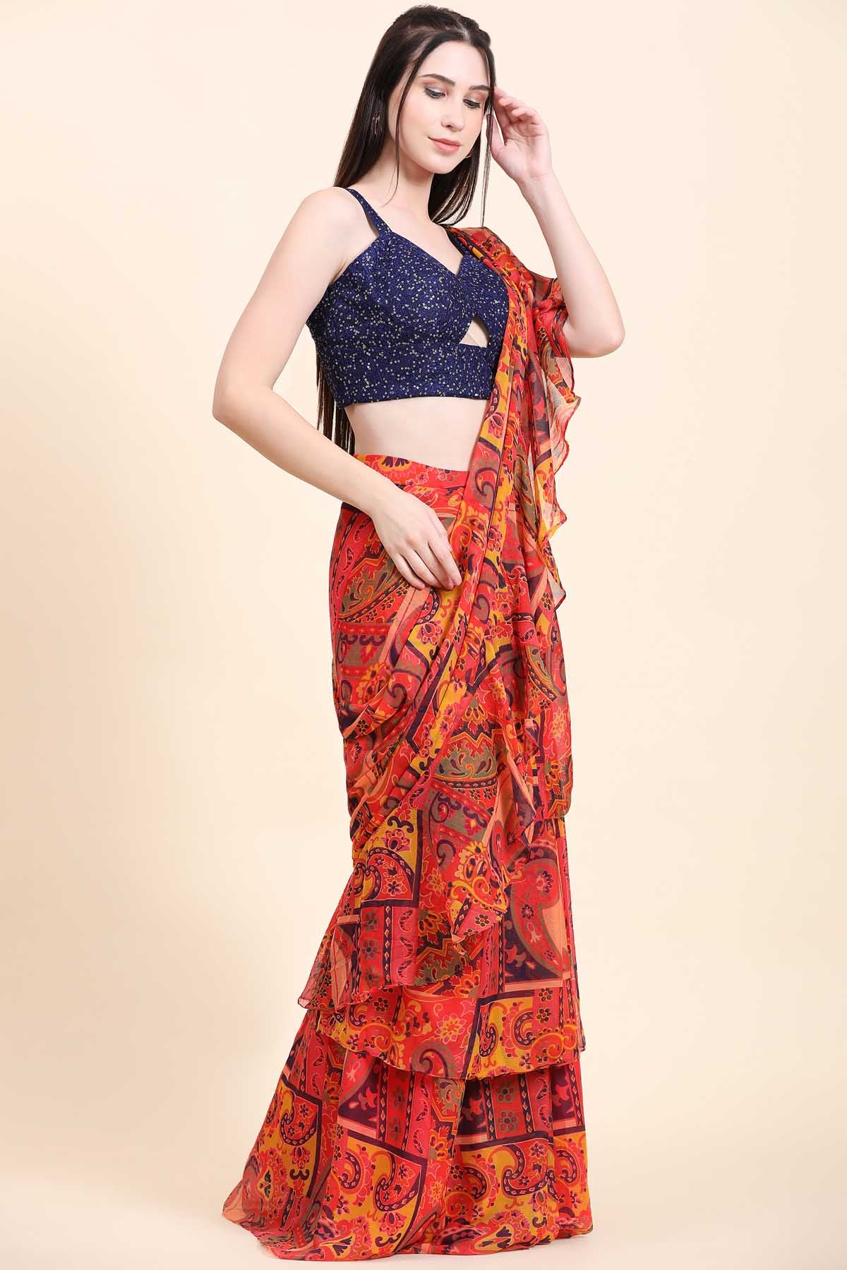 Cherry Red Ruffle Saree