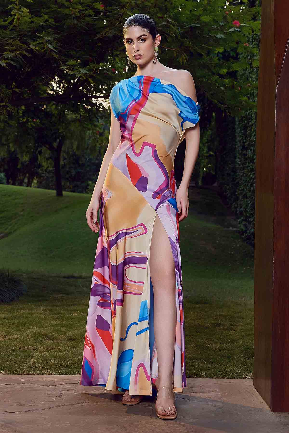 Buy Abstract Multicolor Print Dress by Mandira Wirk