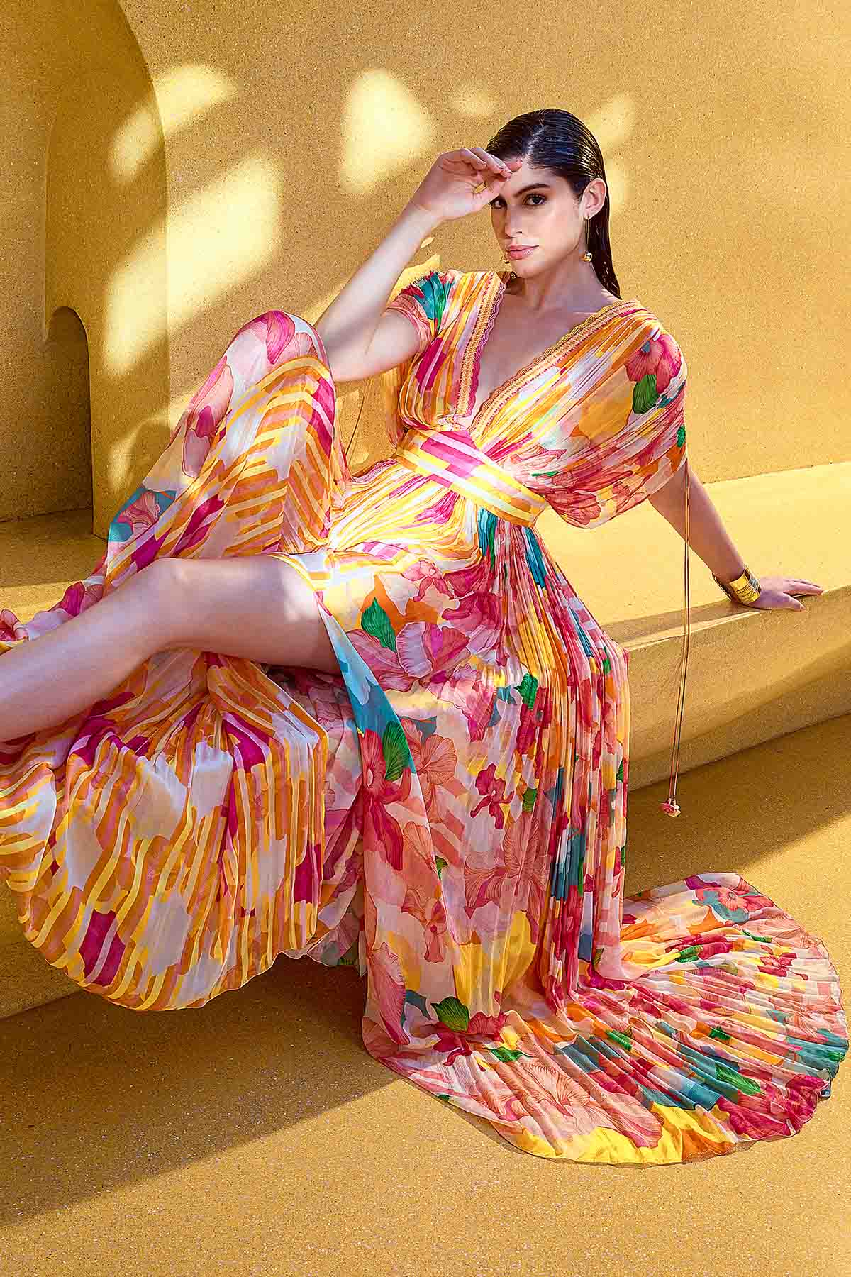 Multicolor Deep V-Neck Dress