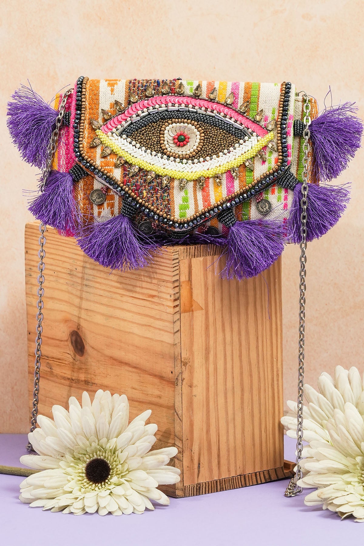 Buy Multicolor Eye Bead Work Clutch for women by the Purple sack online available at scrollnshops