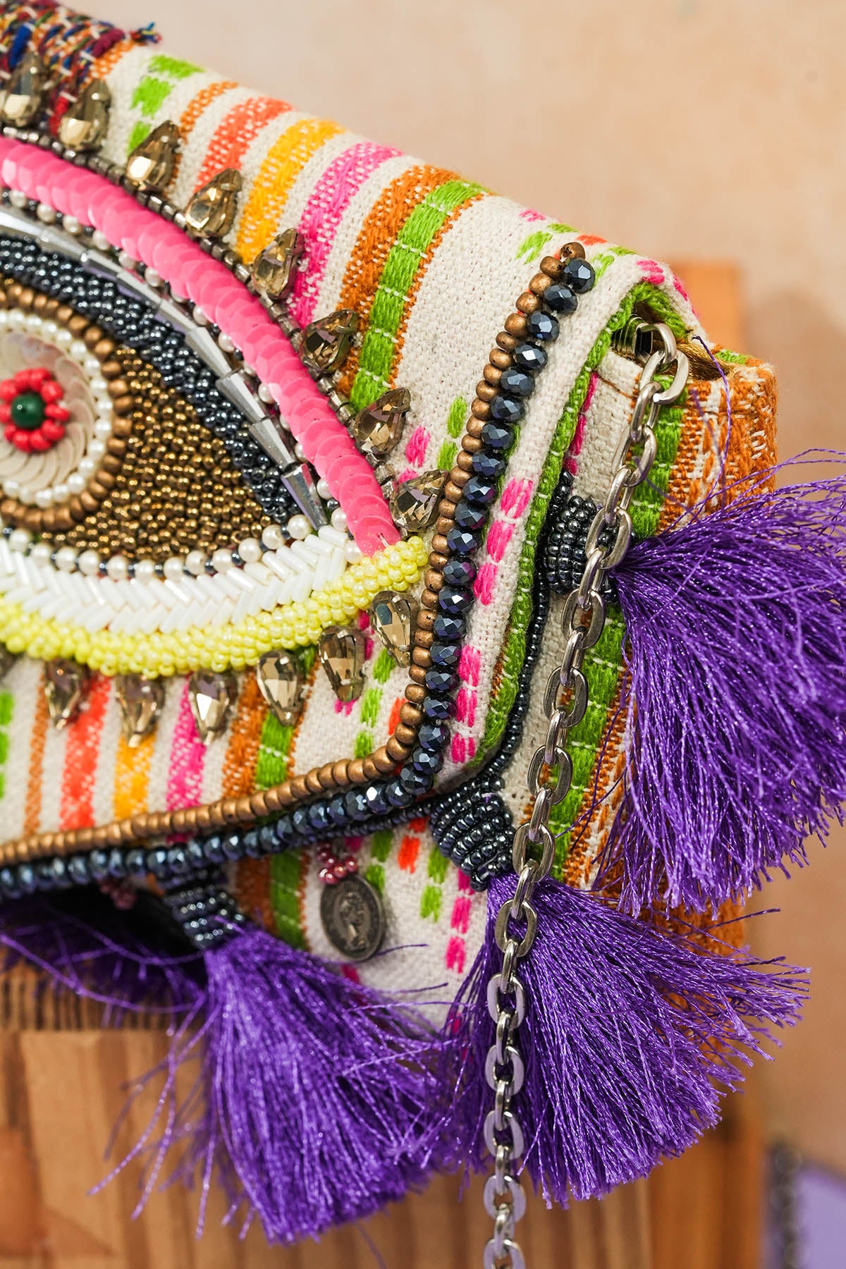 Multicolor Eye Bead Work Clutch