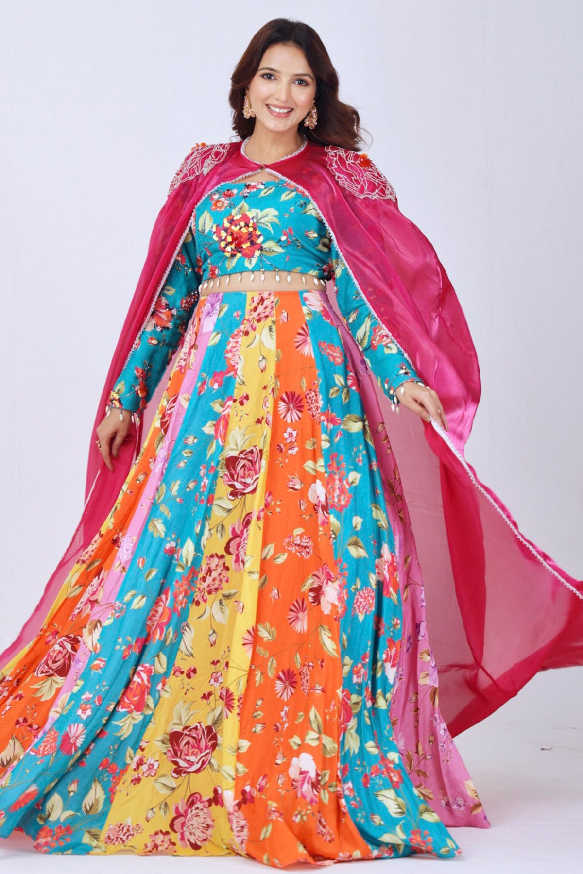Multicolor Floral Cape Lehenga
