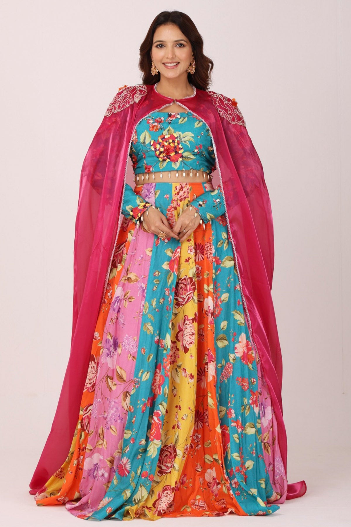 Buy Multicolor Floral Cape Lehenga for women by Namita Sharma Designer online available at scrollnshops