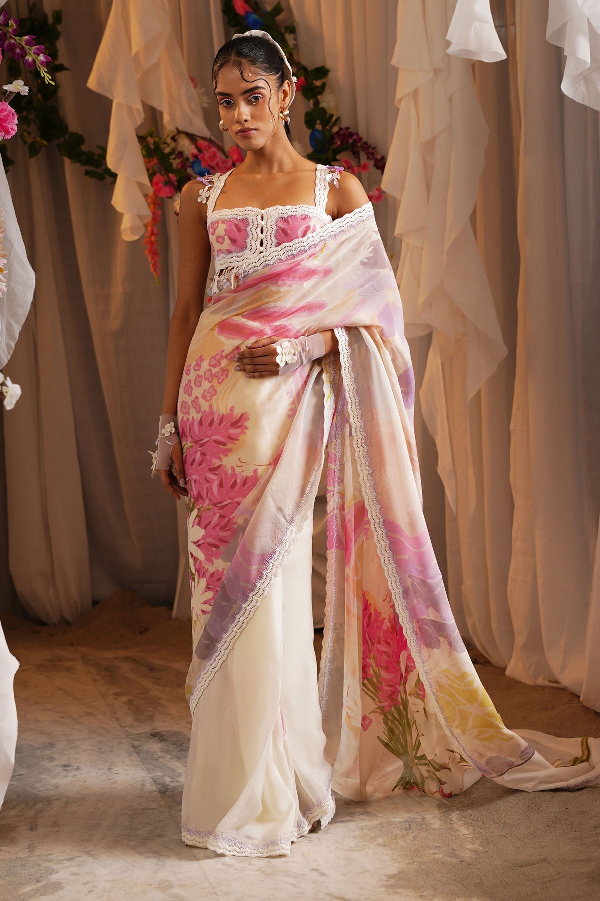 Buy Multicolor Floral Ruffle Saree by Shwetanga for women online at ScrollnShops