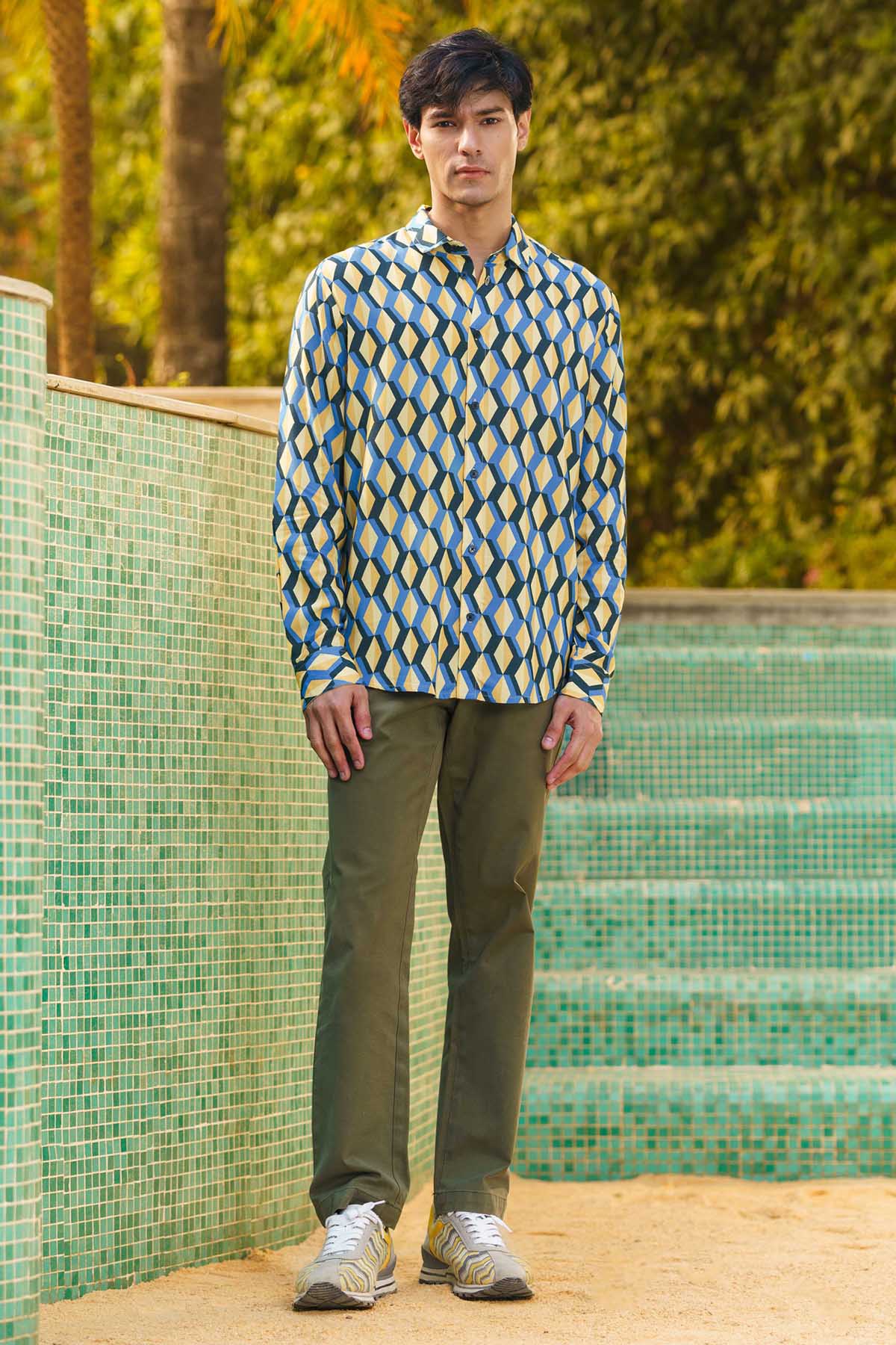 Sewtable Clothing Multicolor Geometric Print Shirt for men online at ScrollnShops