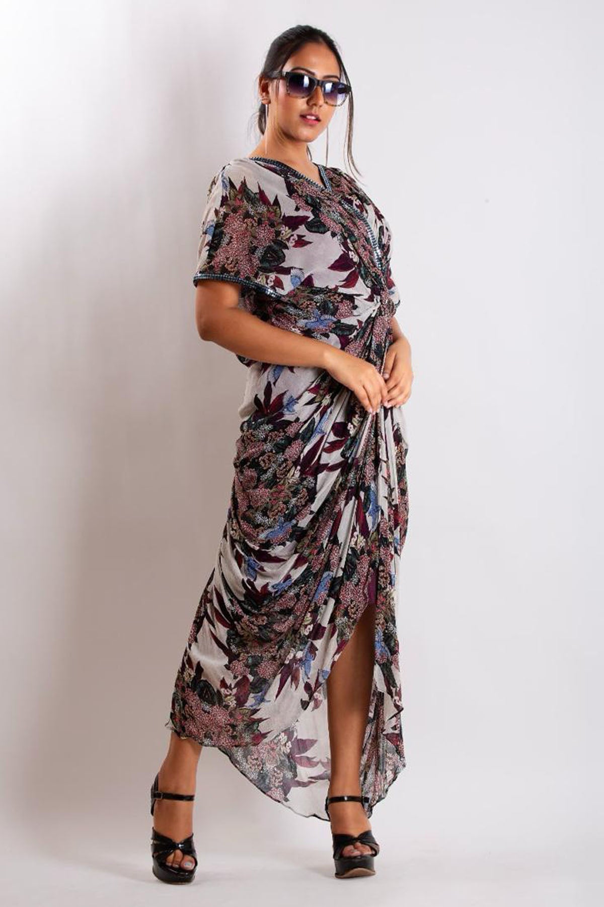 Niyami Multicolor Knotted Draped Dress at ScrollnShops