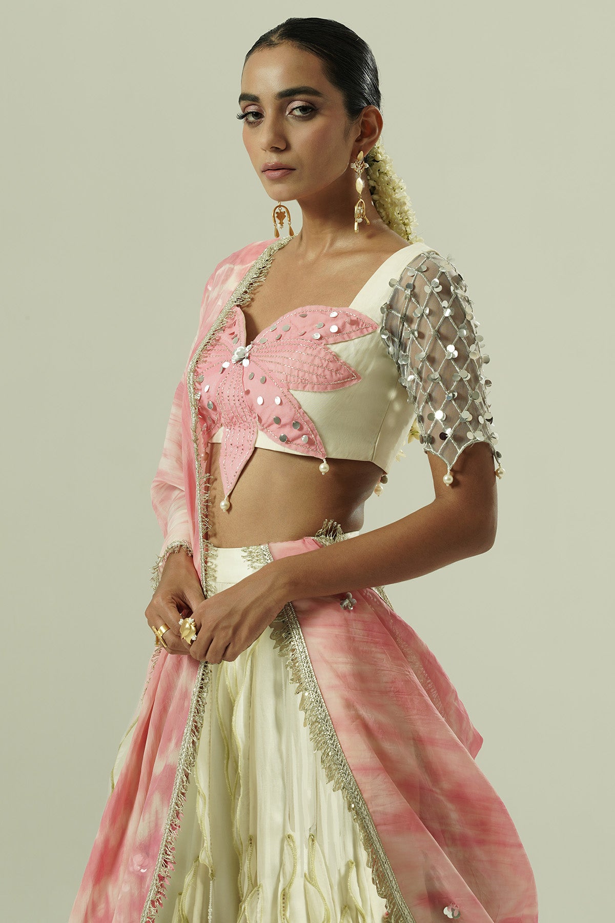 Ivory Olive Multi-Layered Lehenga Set