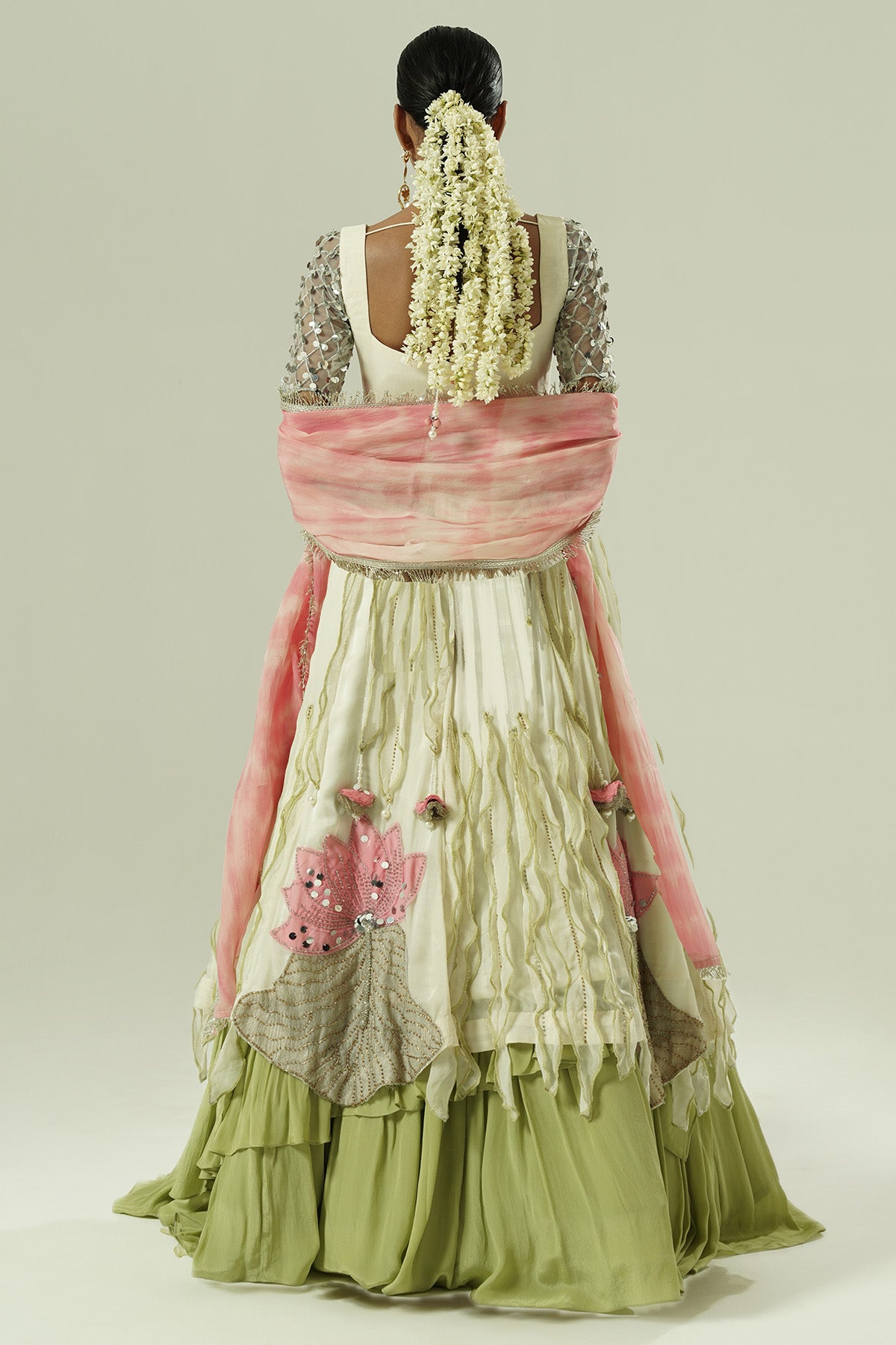 Ivory Olive Multi-Layered Lehenga Set