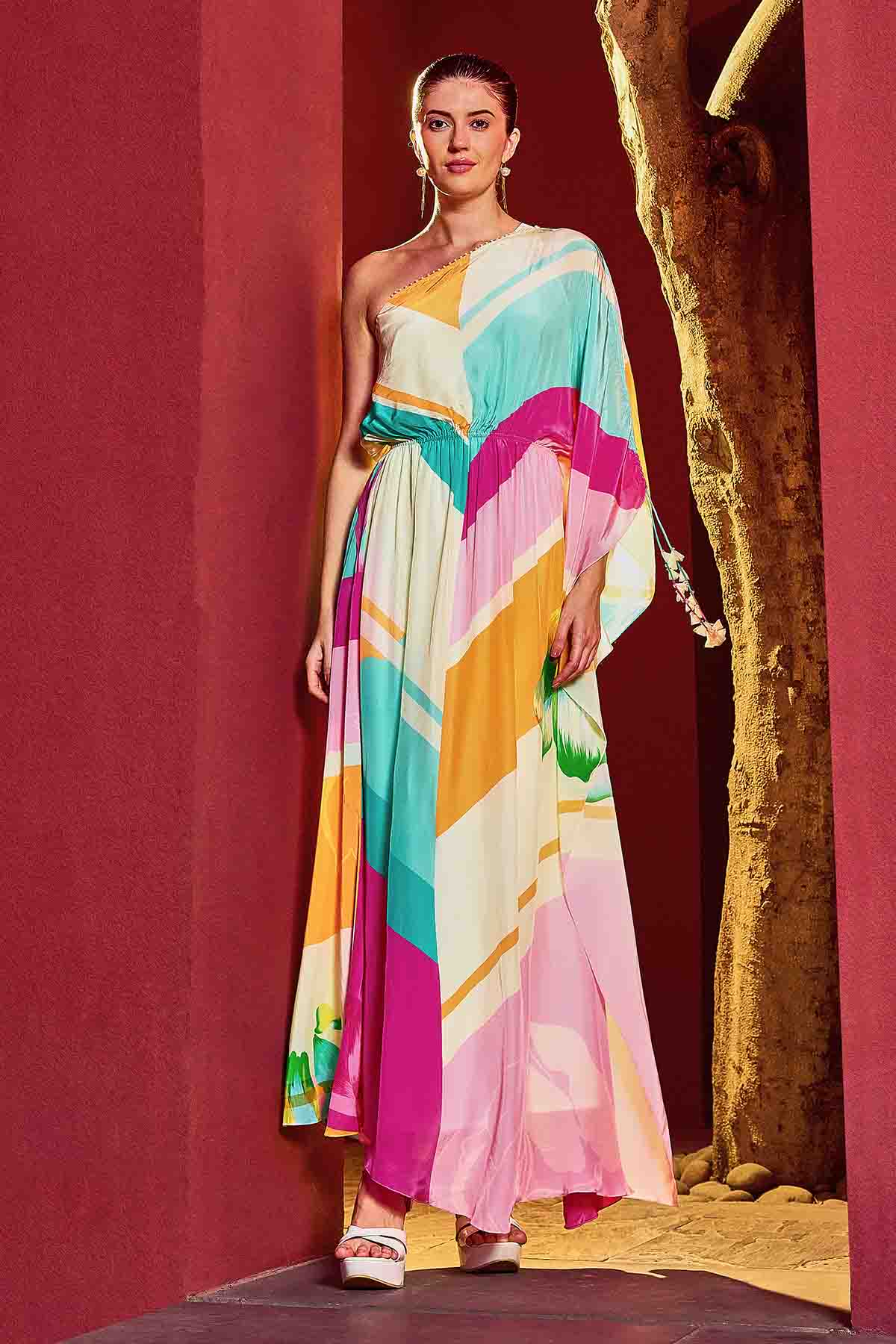 Buy Multicolor One Shoulder Kaftan by Mandira Wirk