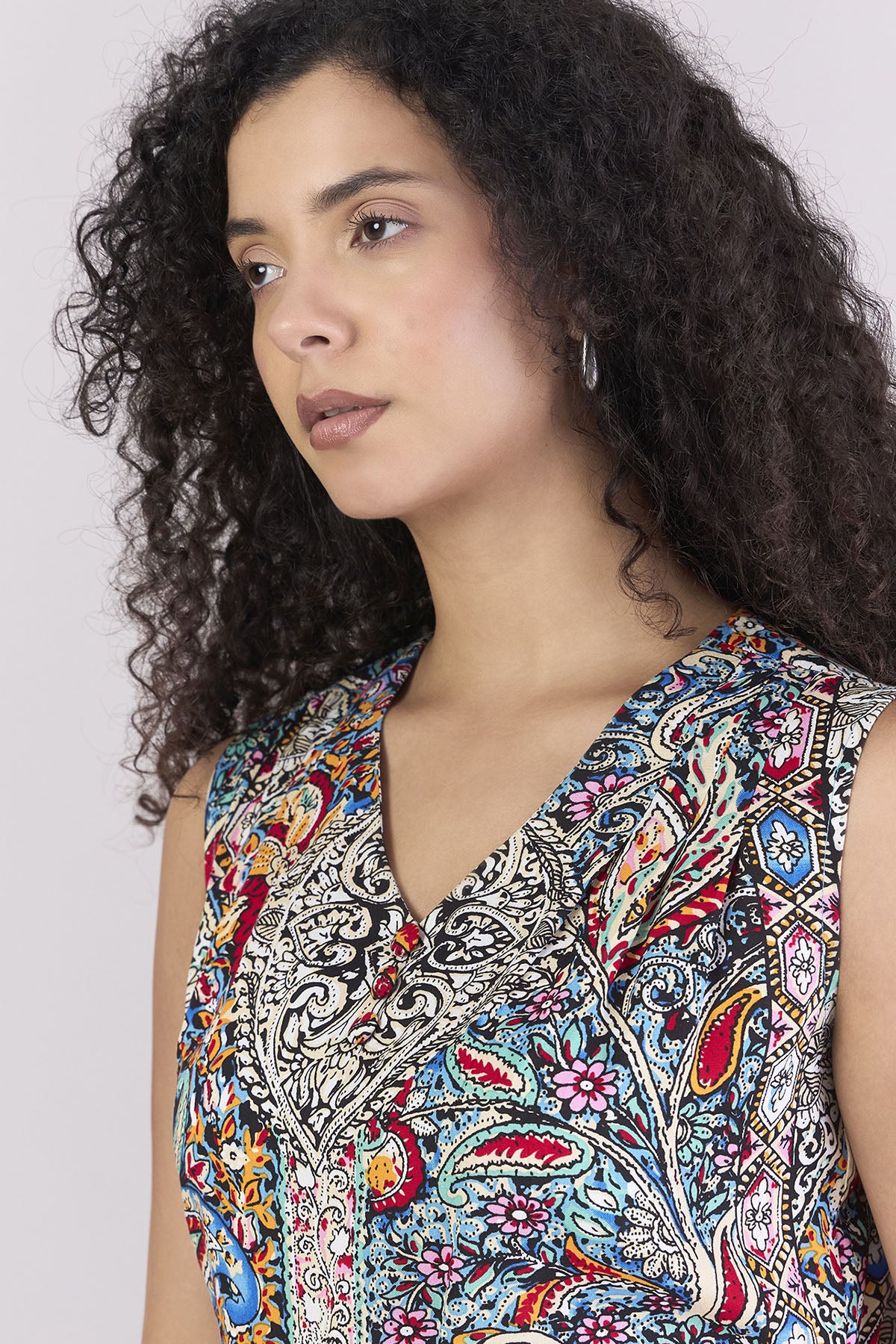 Multicolor Pleated V-Neck Top