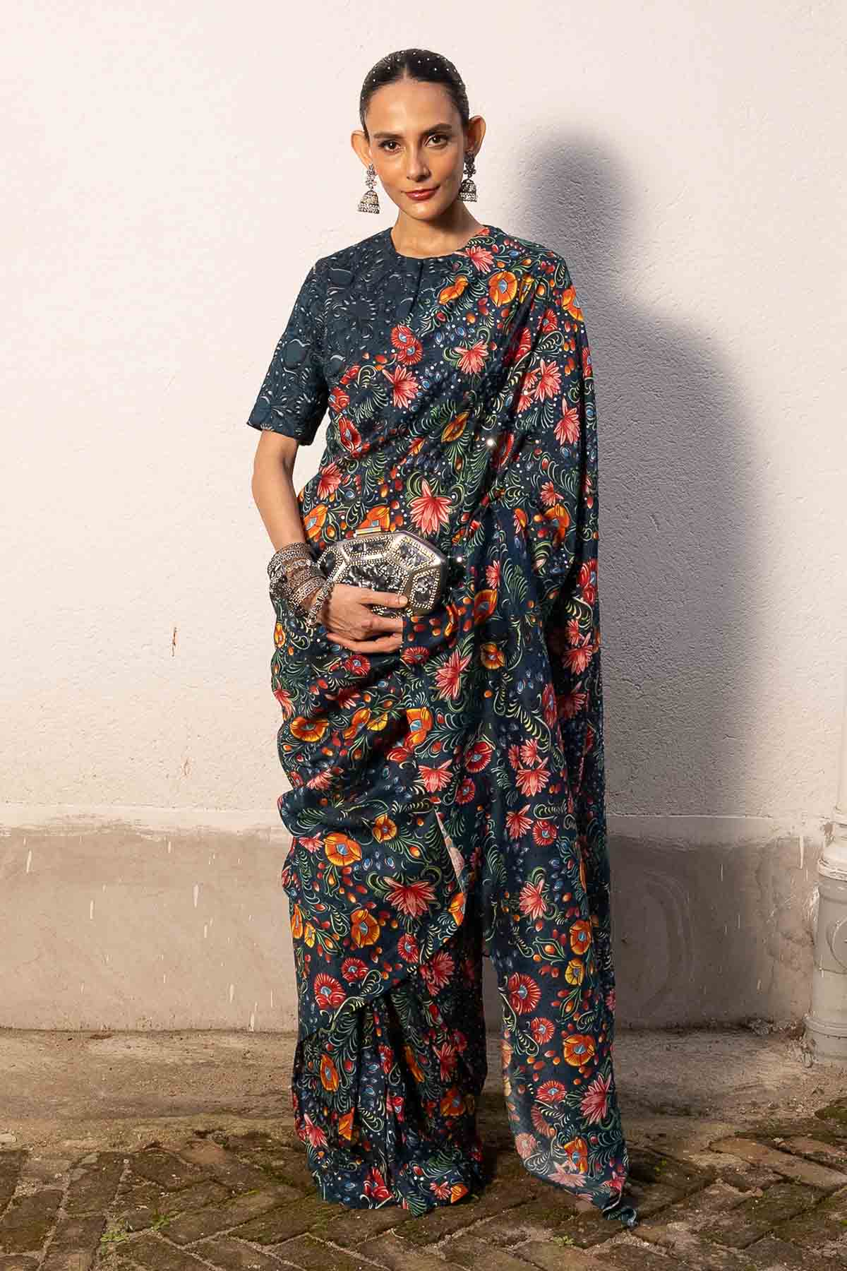 Buy Multicolor Print Blouse & Saree by Saksham Neharicka for women online at ScrollnShops