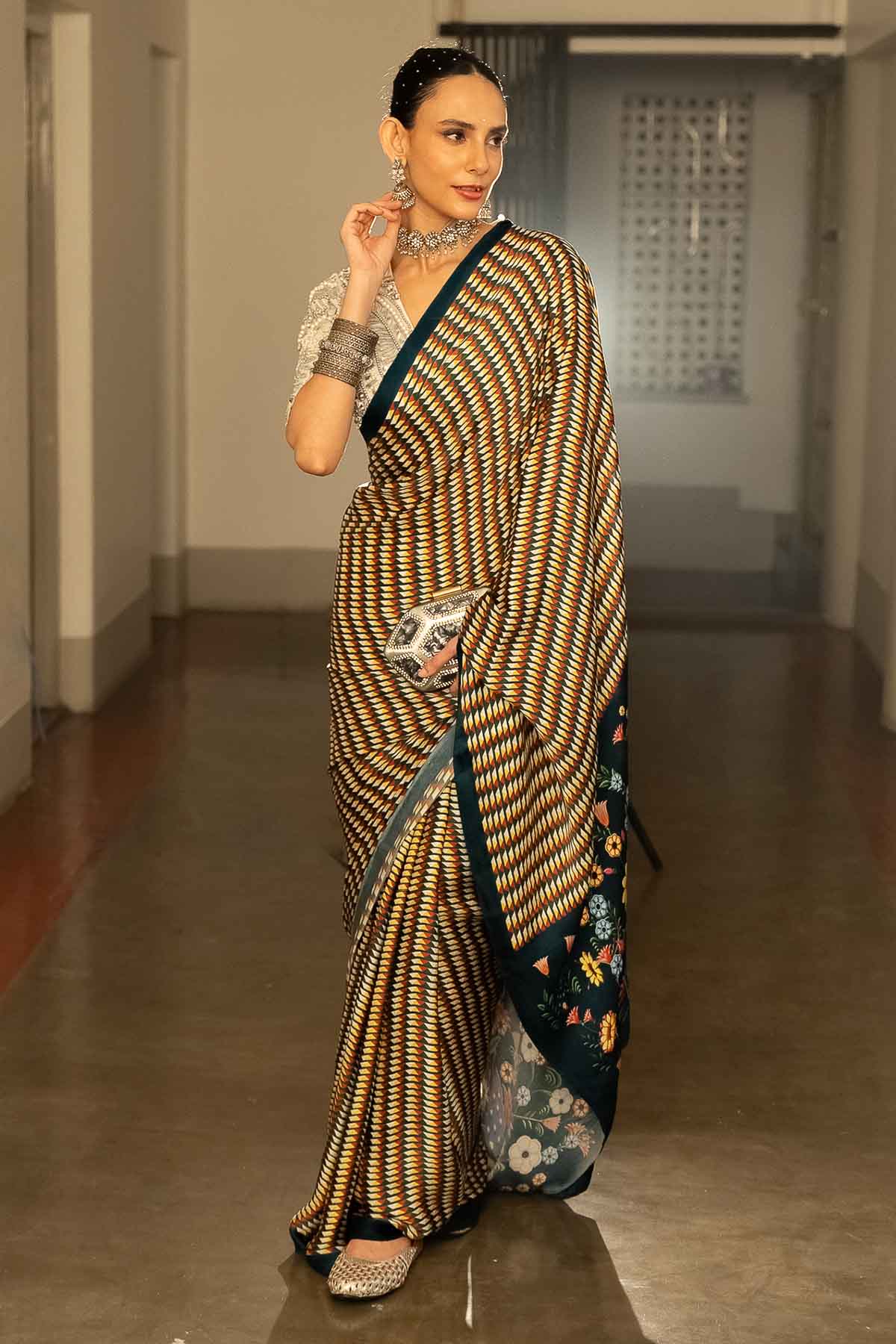 Buy Multicolor Geometric Print Saree by Saksham Neharicka for women online at ScrollnShops