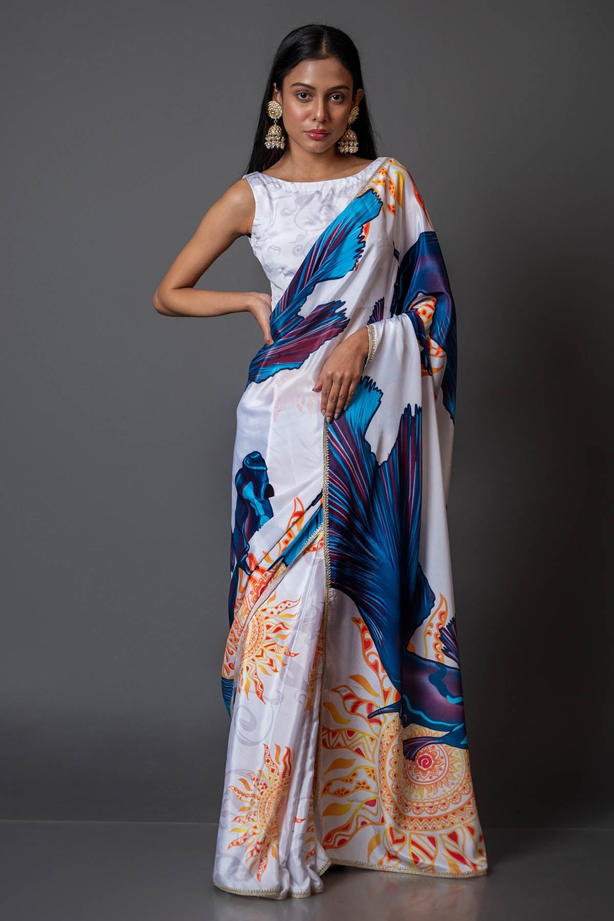 Buy Klothinn Multicolor Printed Crepe Saree: Elegant Charm for women At ScrollnShops