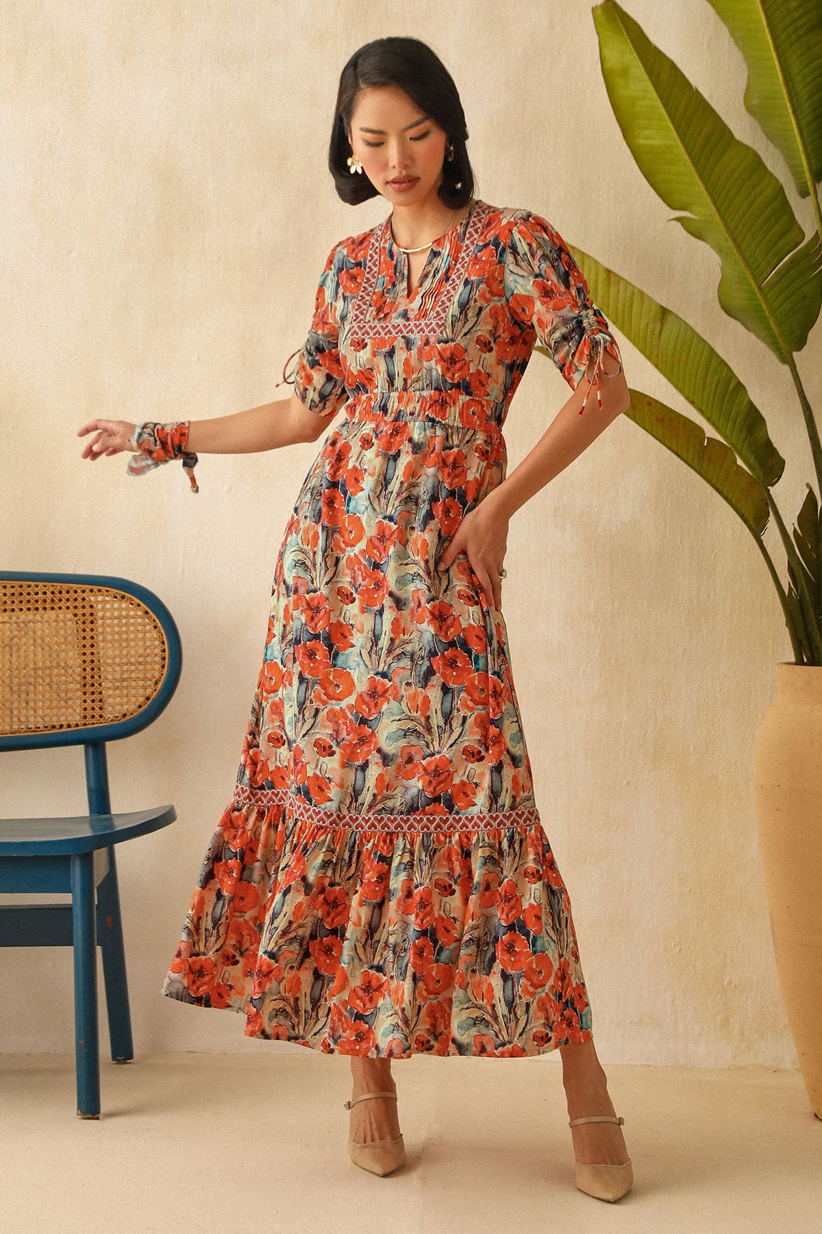 Multicolor Printed Pintuck Dress