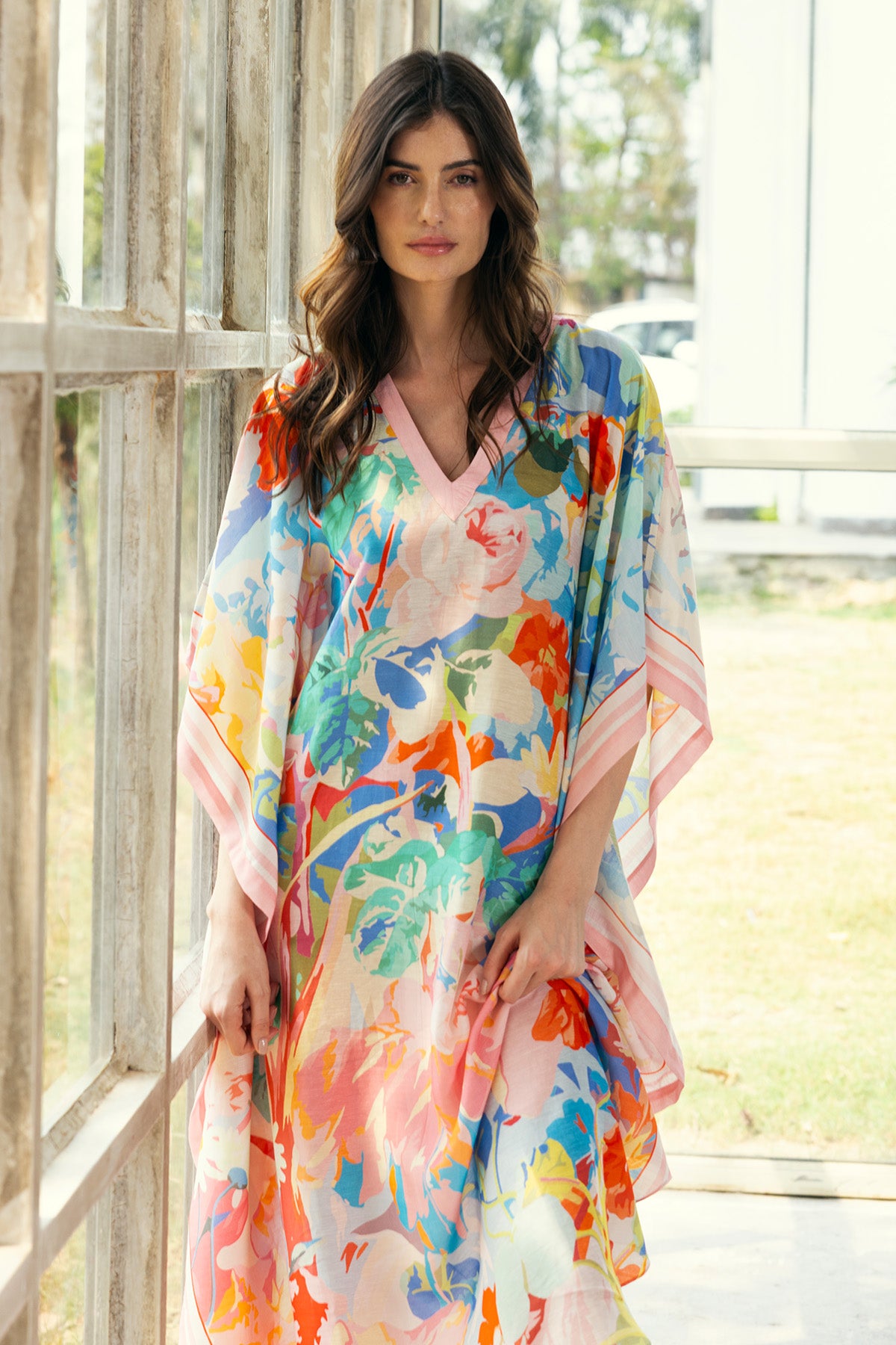 Multicolor Printed V-Neck Kaftan