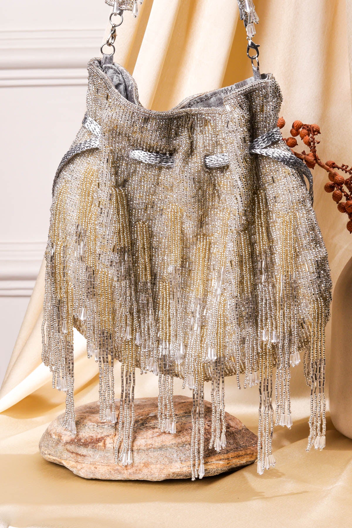 Raw Silk Multicolor Beads Potli