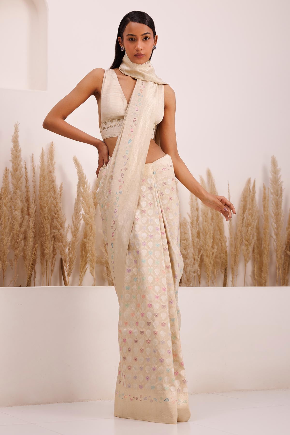 Chhaya Mehrotra Multicolor Saree & V-Neck Blouse for women online at ScrollnShops