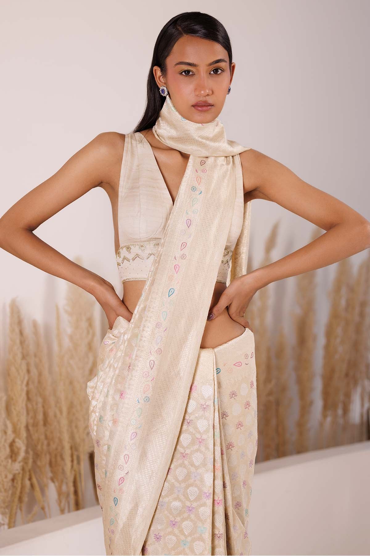 Ivory Saree & V-Neck Blouse