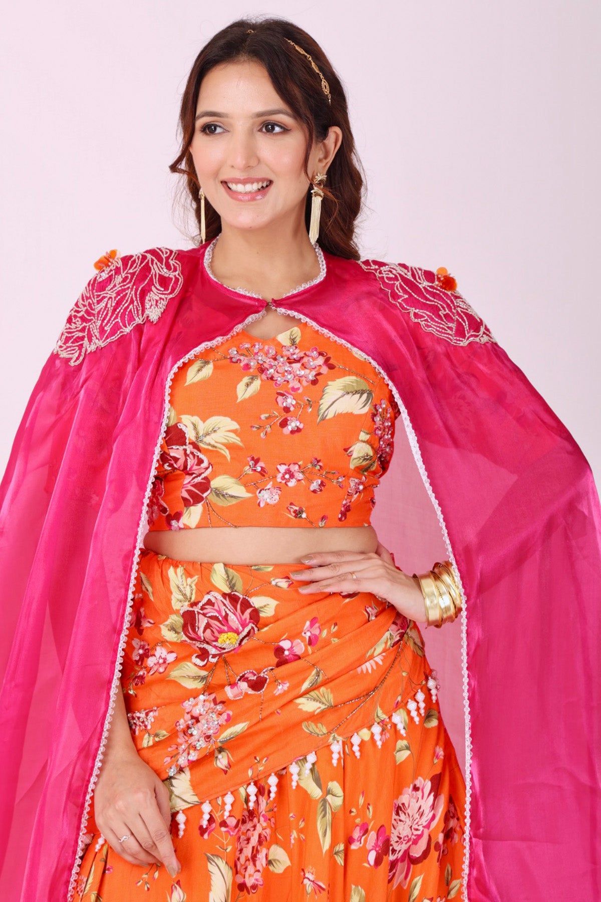 Orange Lehenga Set with Fuchsia Cape