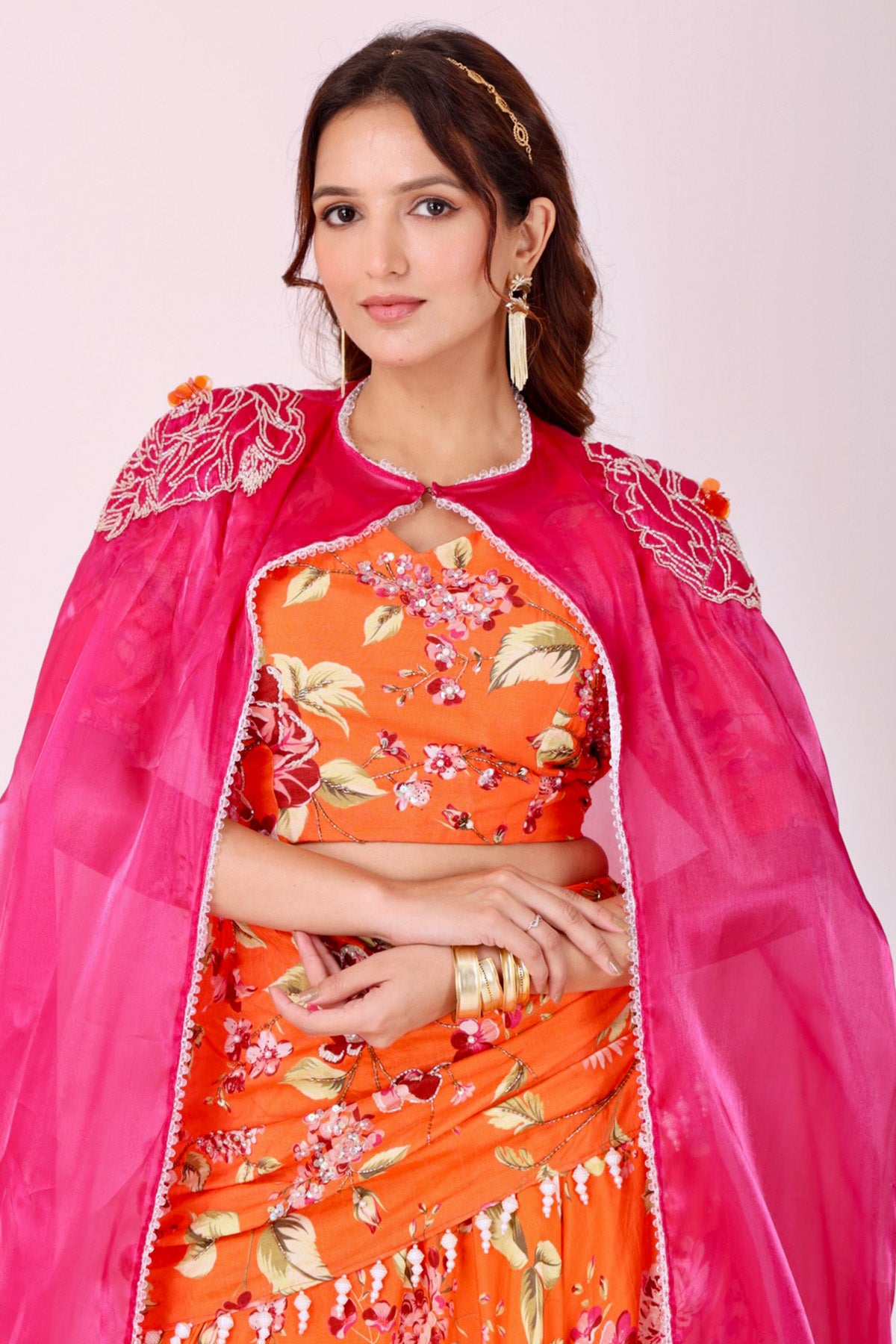 Orange Lehenga Set with Fuchsia Cape