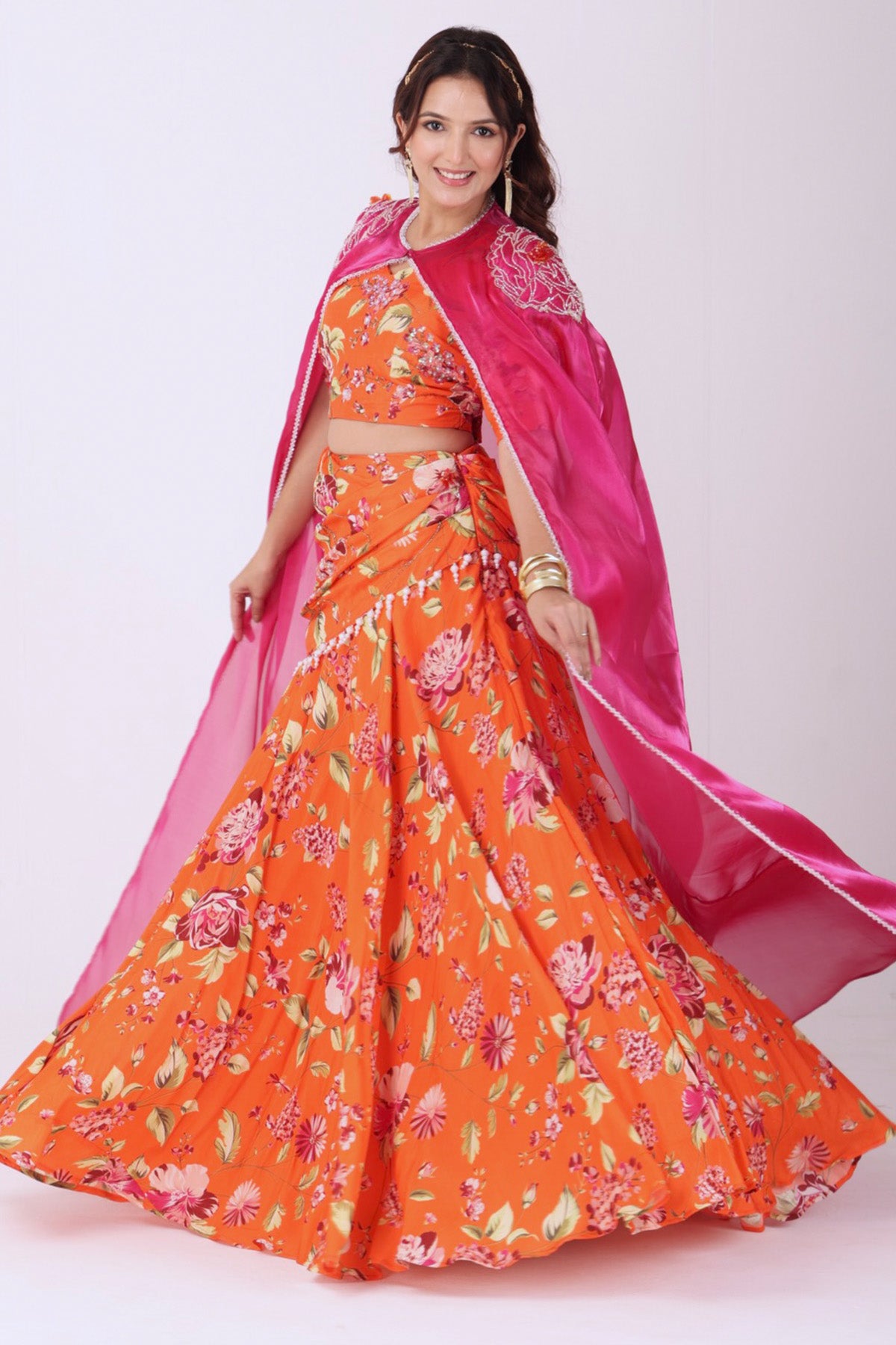 Orange Lehenga Set with Fuchsia Cape