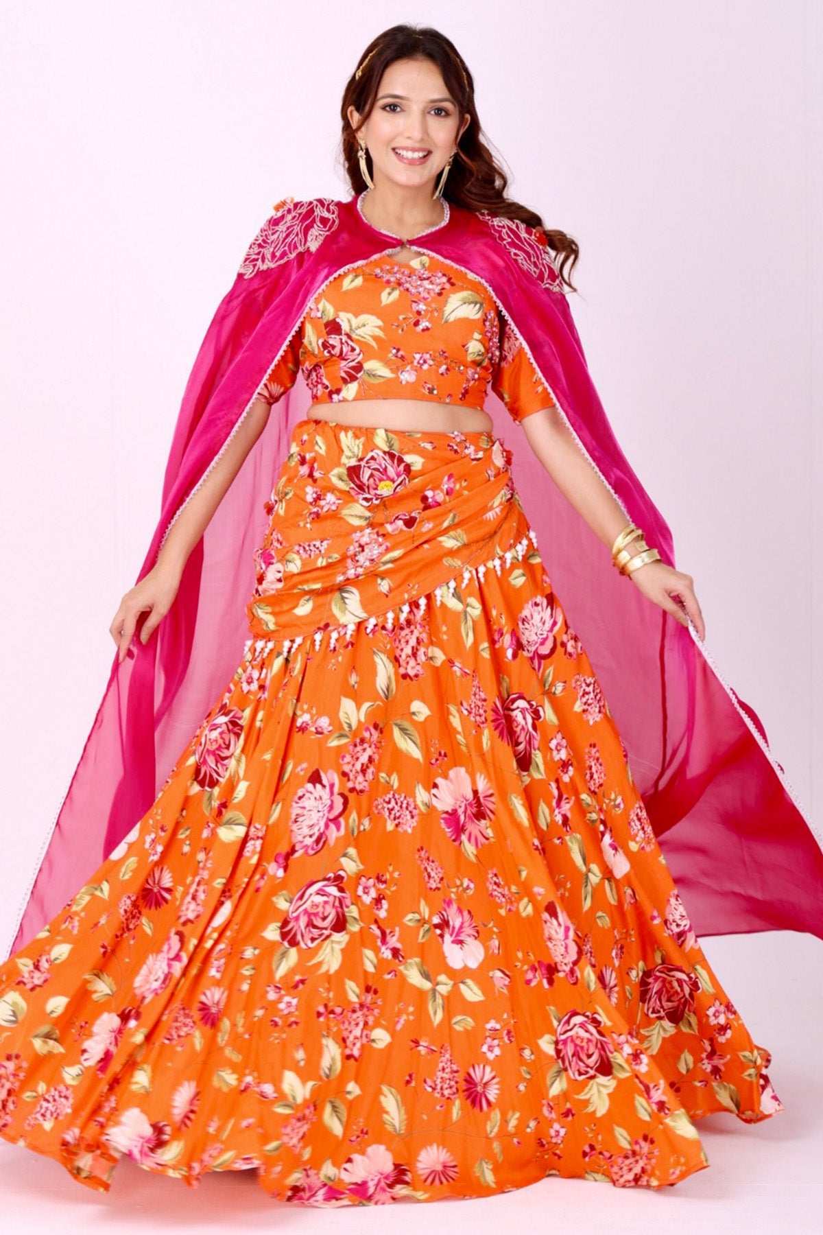 Buy Orange Lehenga Set with Fuchsia Cape for women by Namita Sharma Designer online available at scrollnshops