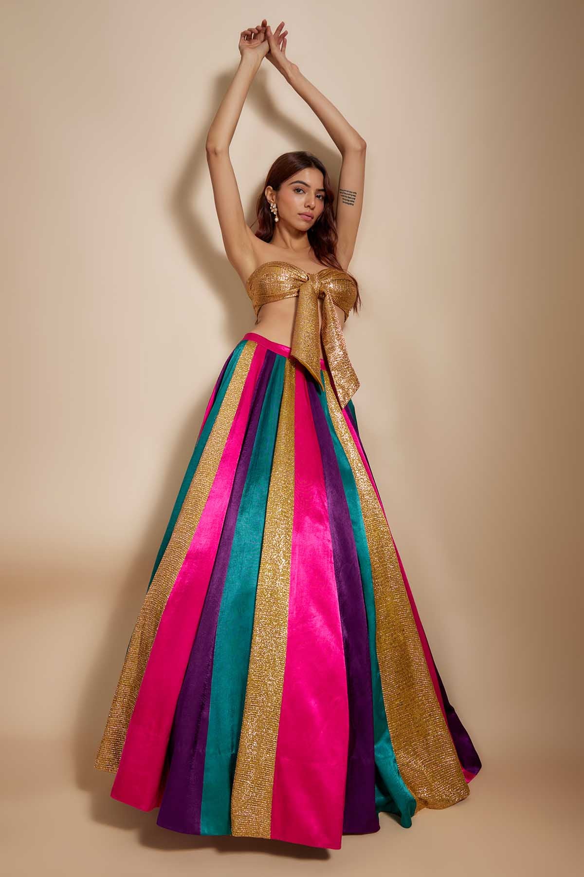 Multicolor Skirt & Bow Blouse