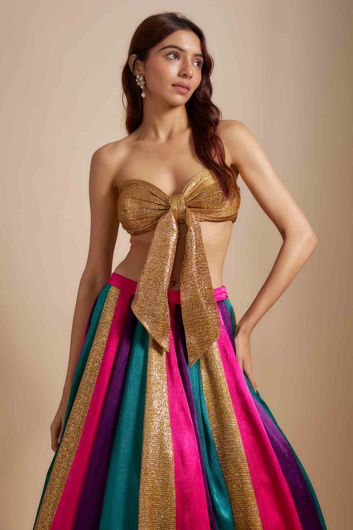 Multicolor Skirt & Bow Blouse