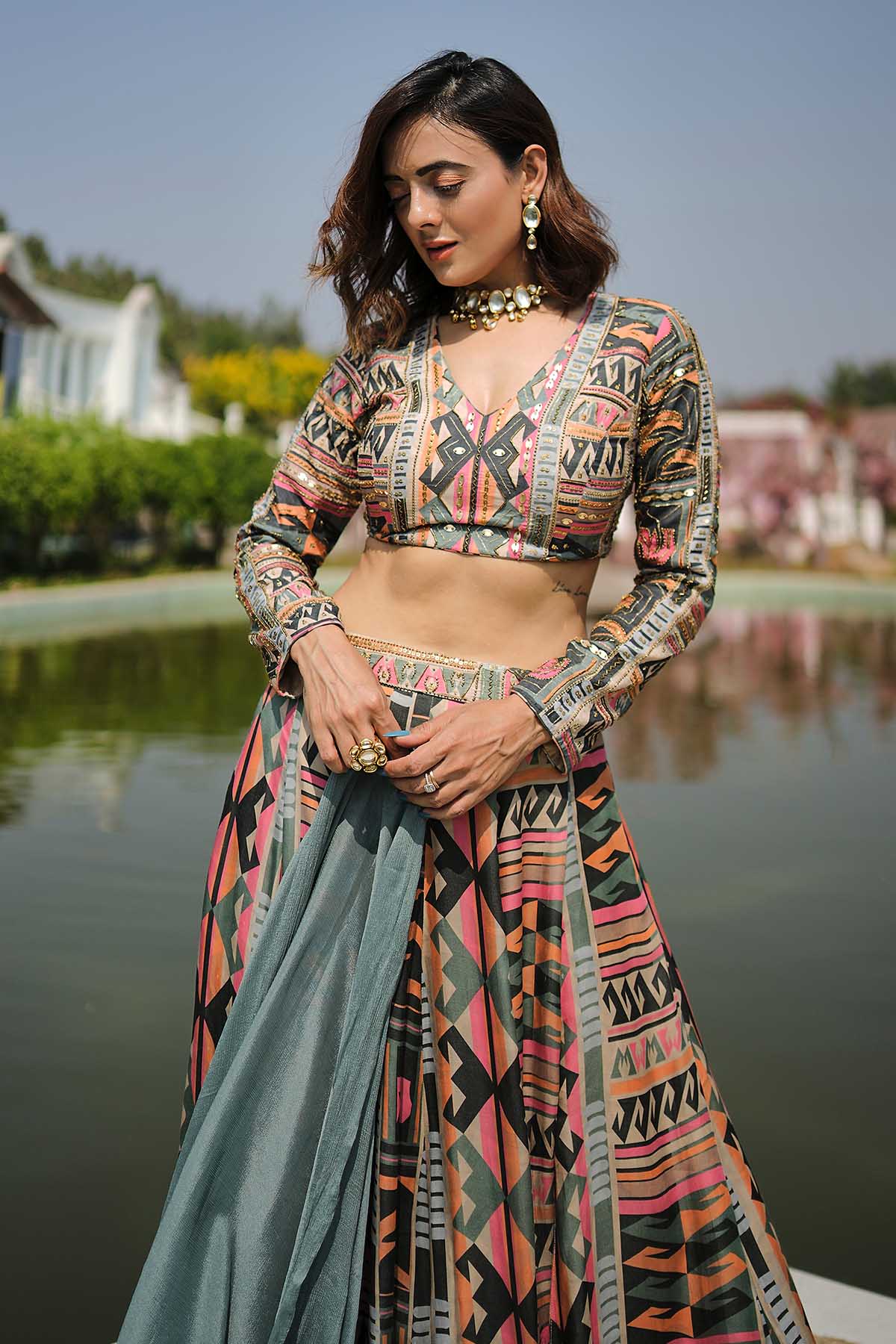 Multicolor Slit Lehenga Set