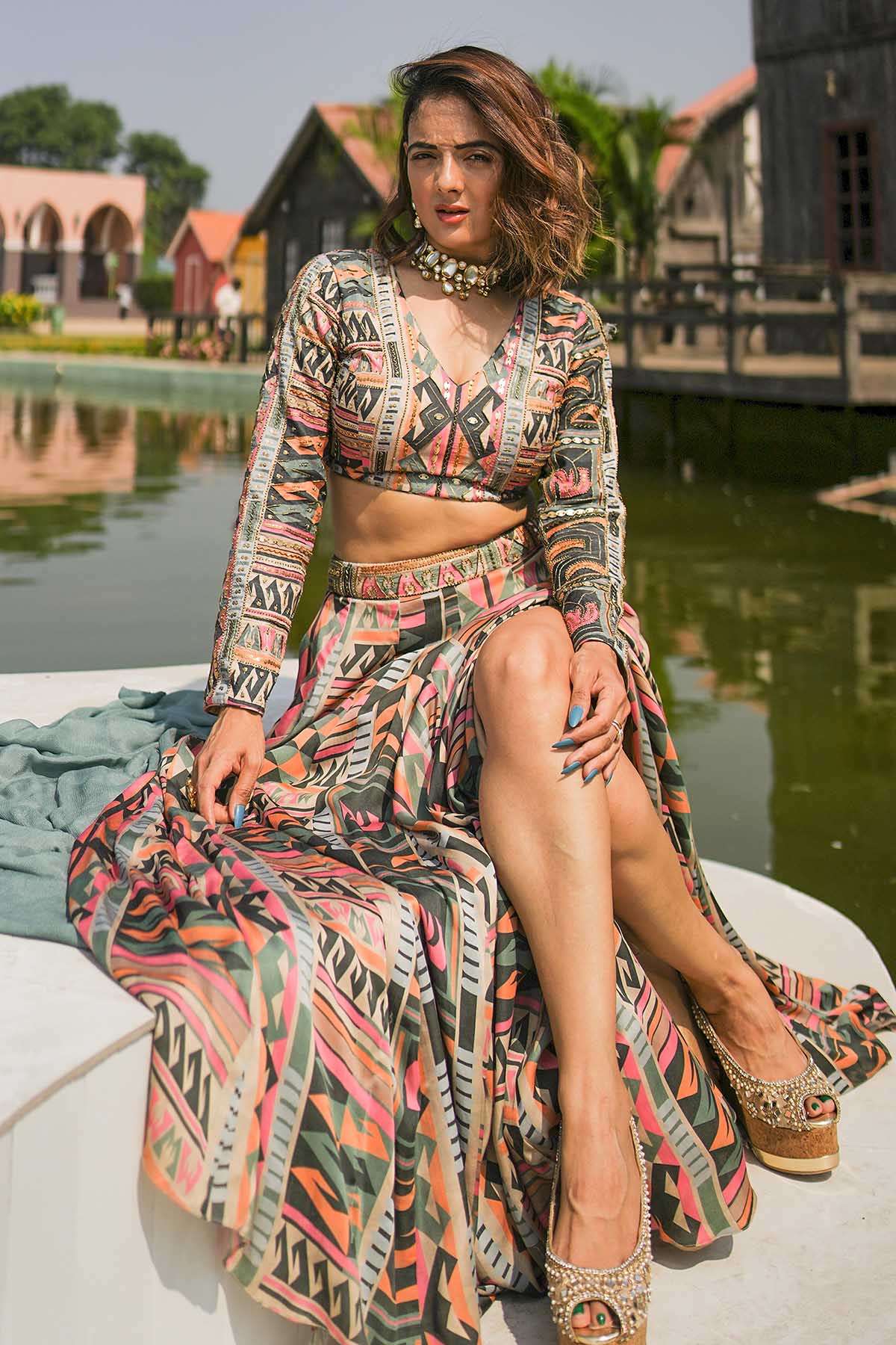 Multicolor Slit Lehenga Set