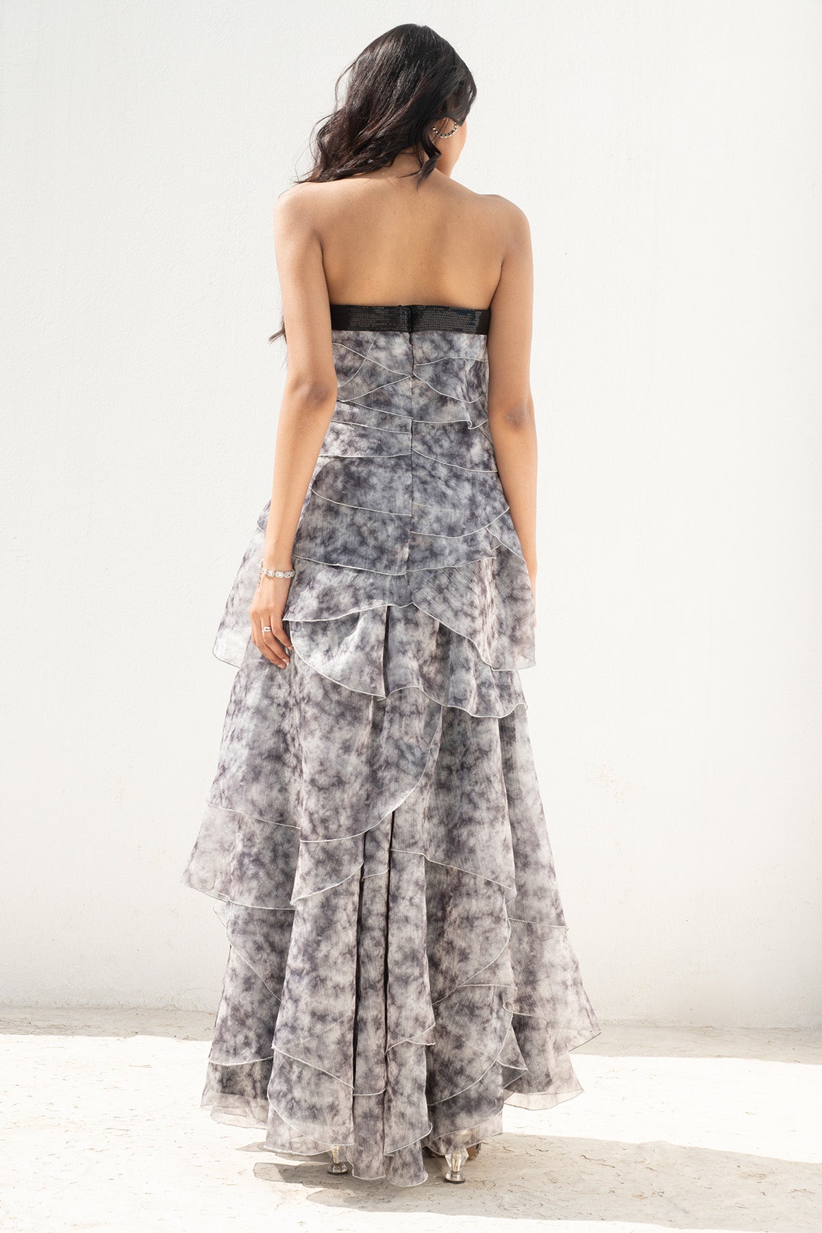 Multicolor Strapless Ruffle Gown