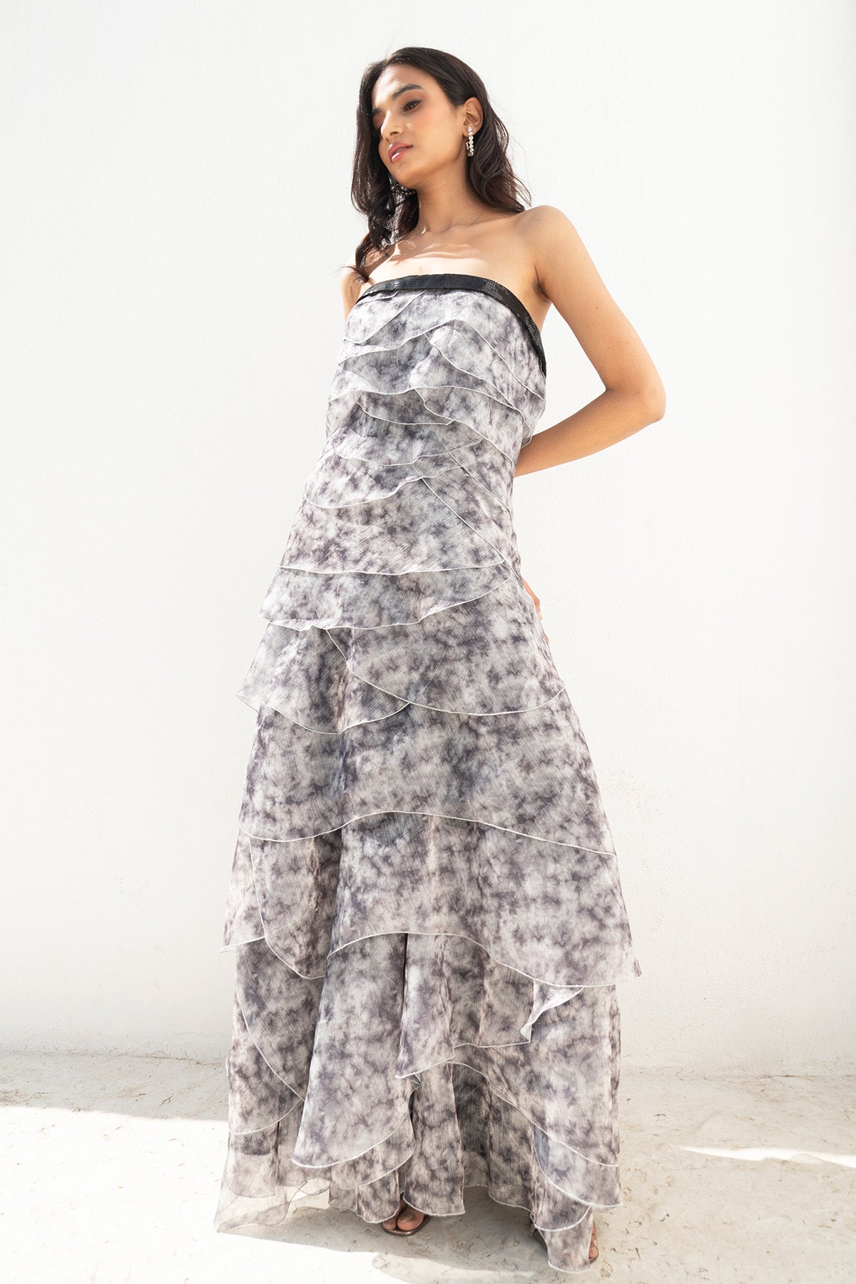 Multicolor Strapless Ruffle Gown