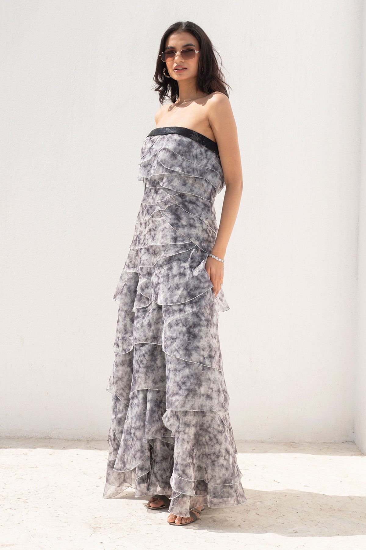 Multicolor Strapless Ruffle Gown