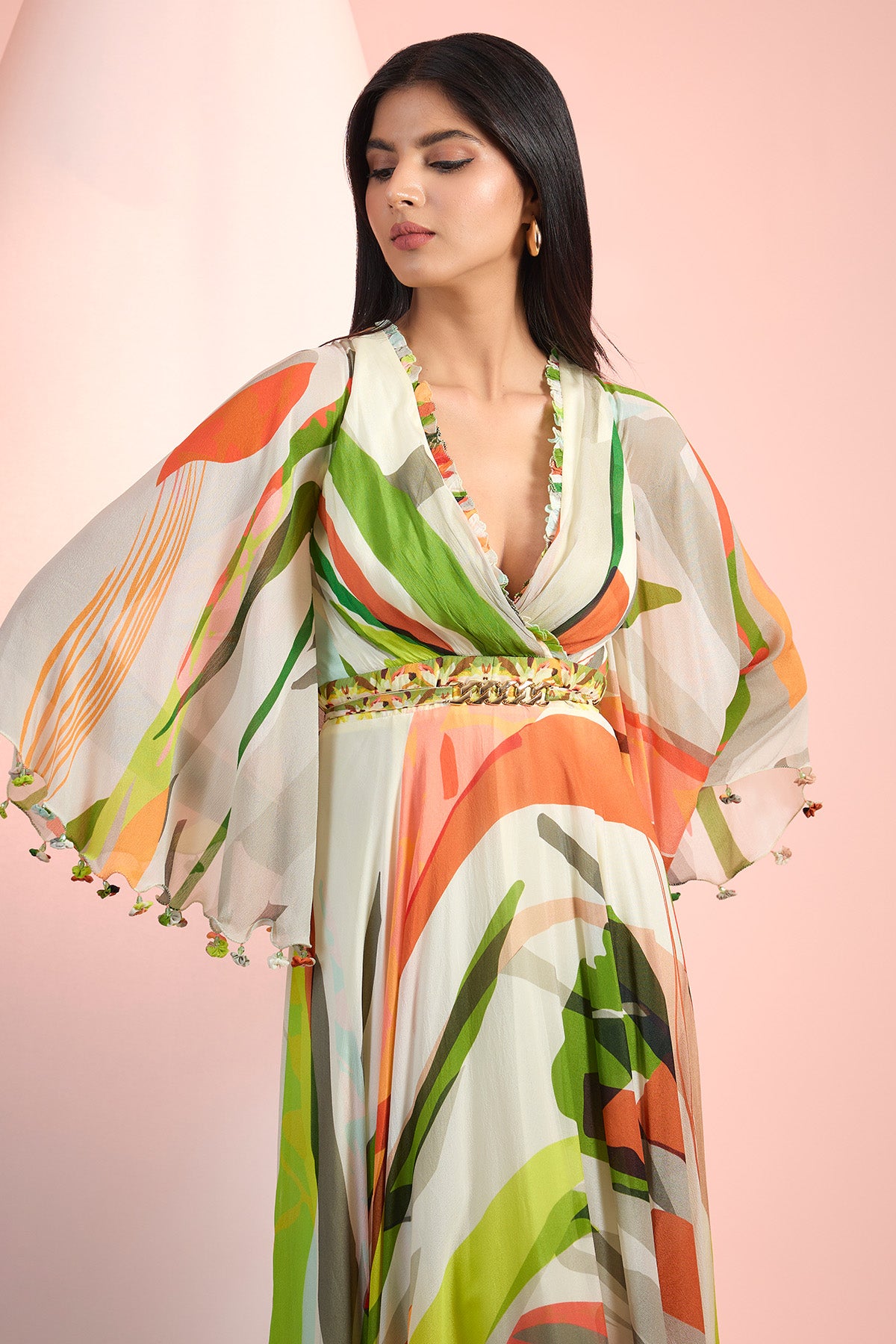 Multicolor V-Neck Chiffon Dress