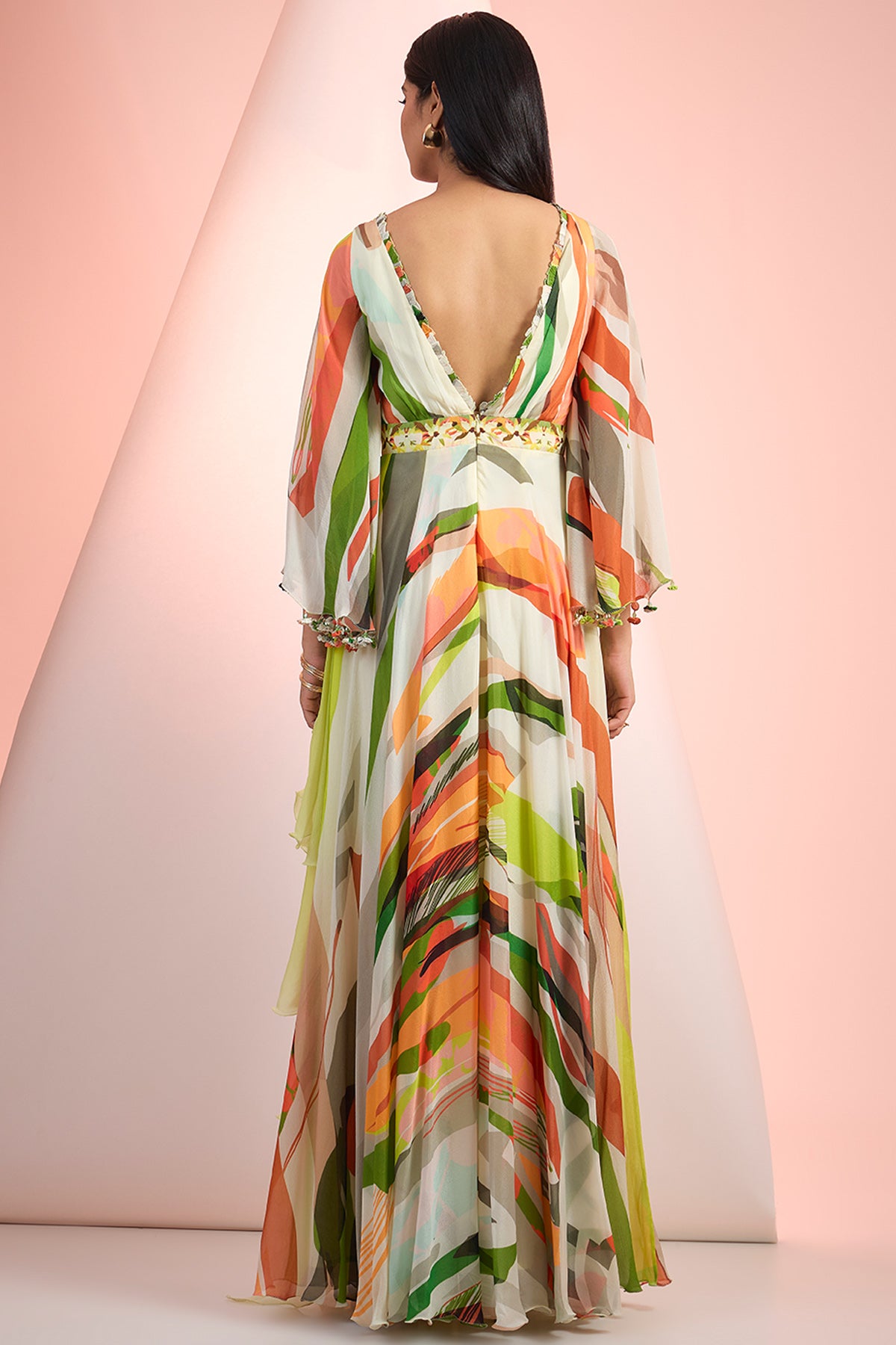 Multicolor V-Neck Chiffon Dress